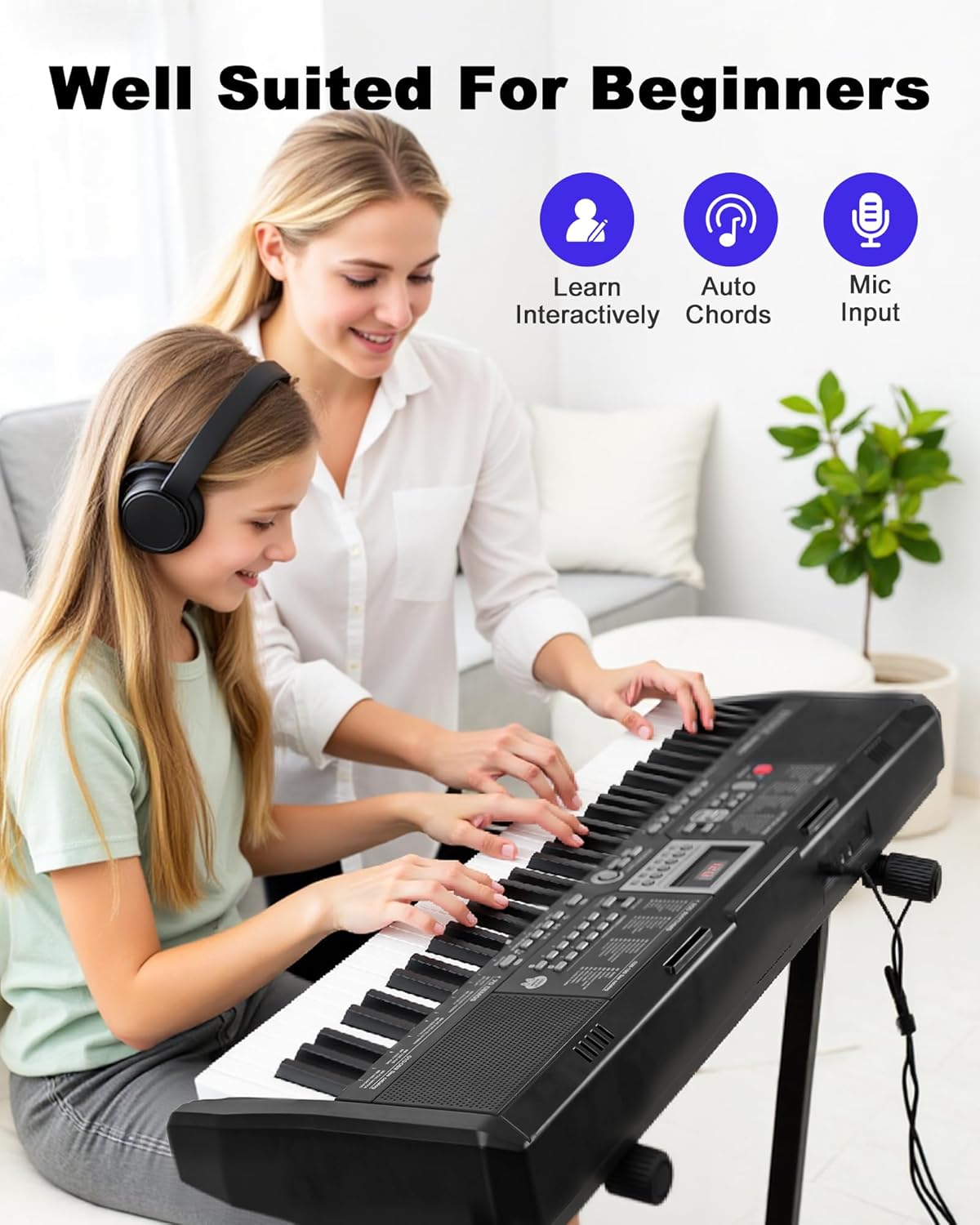 61 Key Electronic Piano Keyboard for Beginners, 200 Tones & Rhythms, with H Stand, Stool, Headphones, Microphone, Piano Note Stickers