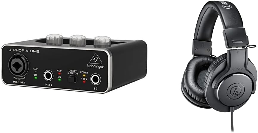 Behringer U-Phoria UM2 USB Audio Interface and Audio-Technica ATH-M20X Professional Studio Monitor Headphones