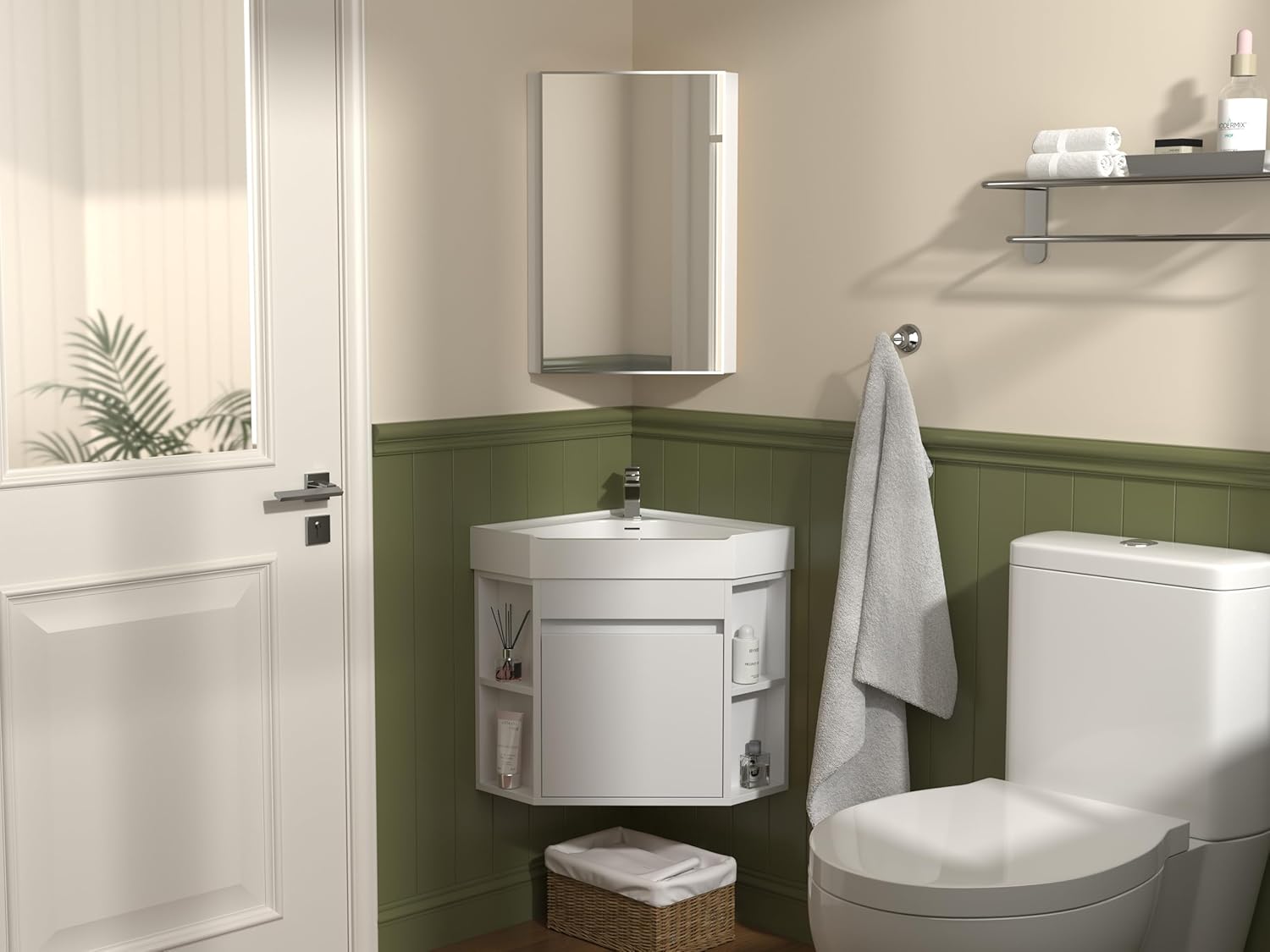 Tennant Brand 18 Inch Wall Mount Corner Bathroom Vanity with Matte Solid Surface (White)