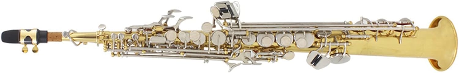 Bb Saxophone Brass Gold Lacquer Straight Saxophone Woodwind Musical Instrument with Case Beginner Saxophone (Color : Golden Silver Key)