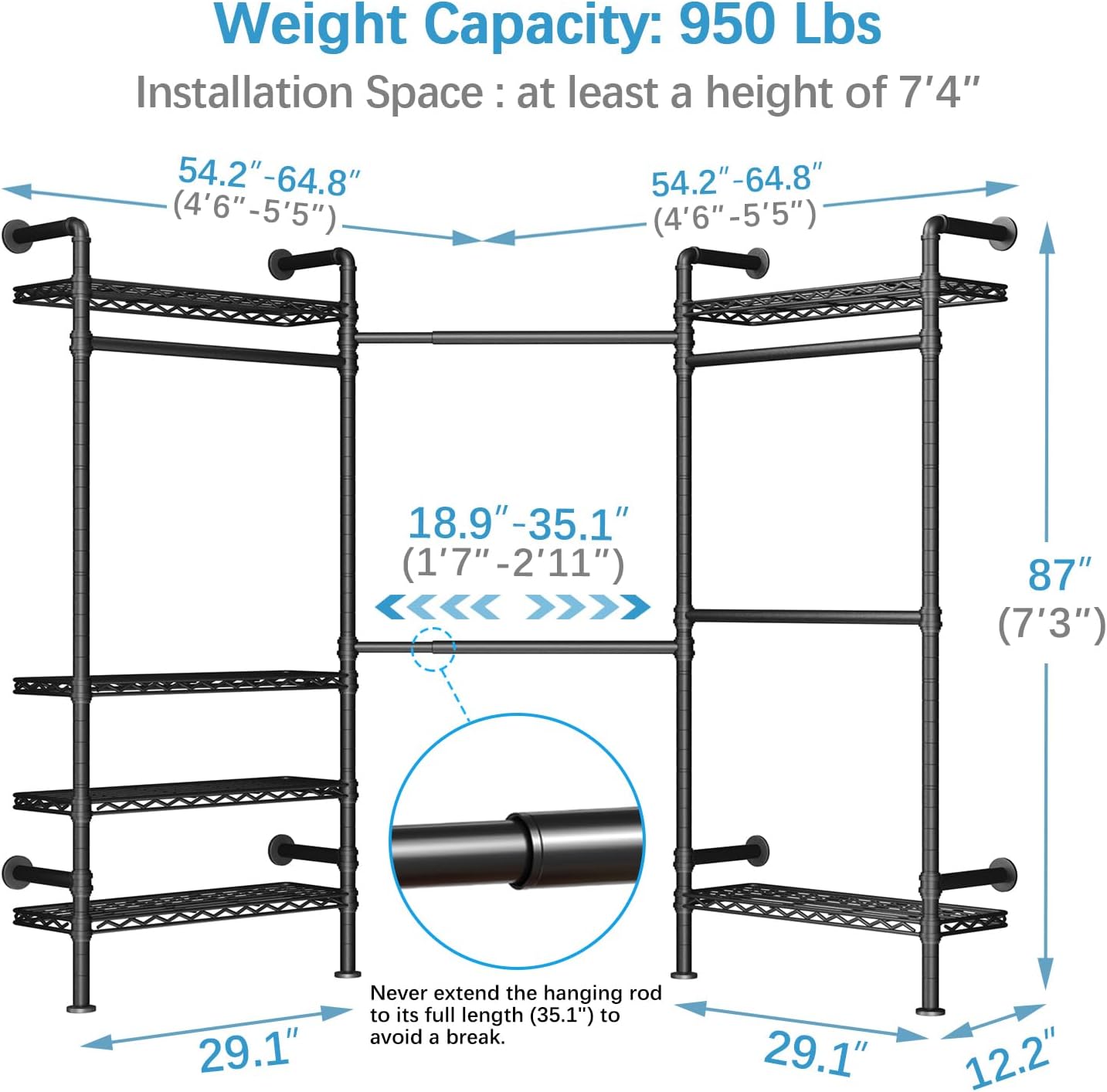 Timate L3 L Shape Garment Rack Heavy Duty Clothes Rack for Hanging Clothes, Expandable Industrial Pipe Wall Mounted Clothing Rack, Adjustable Corner Closet Wardrobe Closet Kit Closet Systems, Black