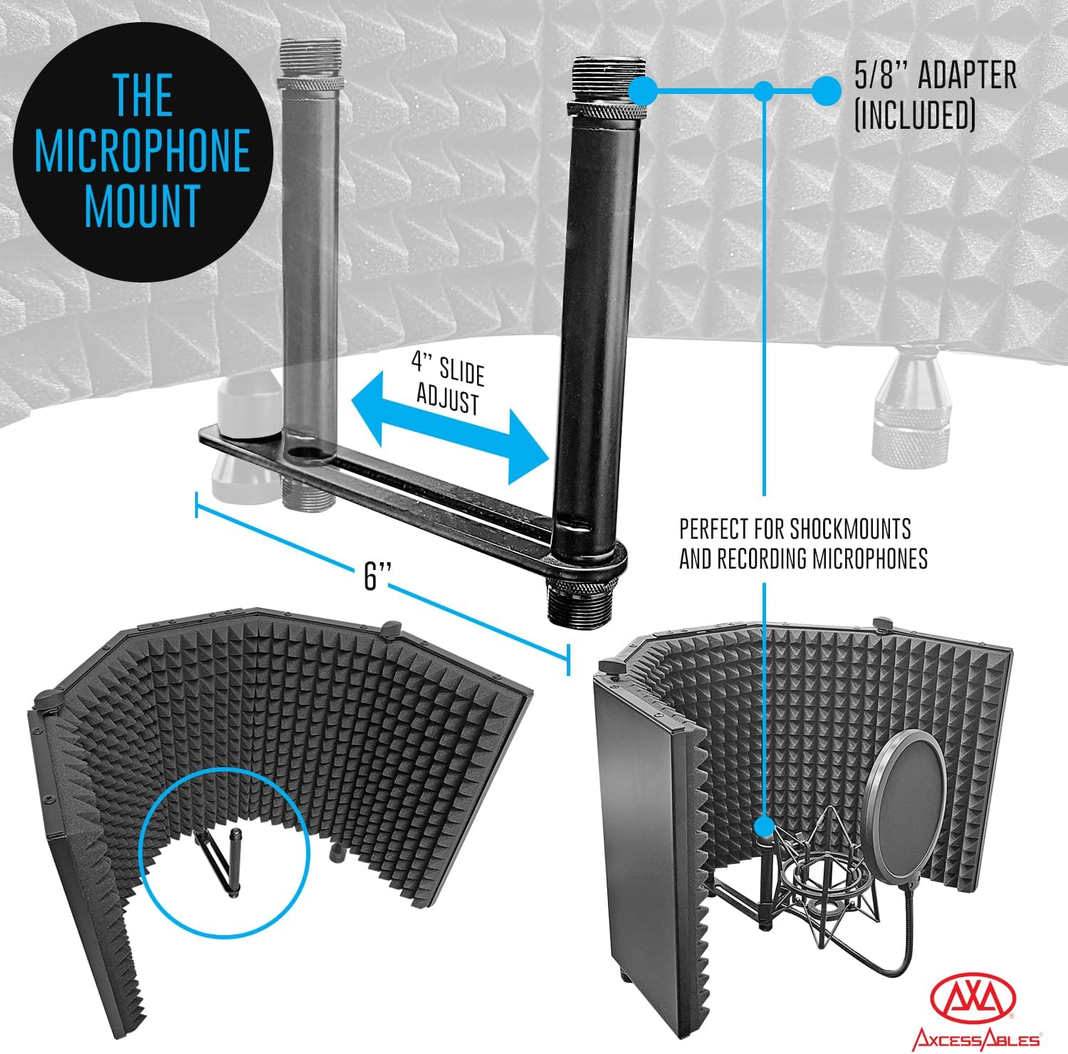 AxcessAbles Large 32x13 Recording Studio Microphone Isolation Shield w/ 3 Tier Tripod Stand and Pop Filter | Portable Sound Isolation Booth | Reflection Filter Shield | Studio Microphone Stand