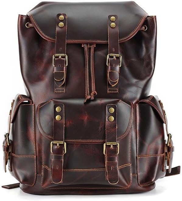 Retro Mens Travel Bags Laptop Bags Casual Daypack Genuine Leather Computers Backpacks 17.7Inch (Coffee)