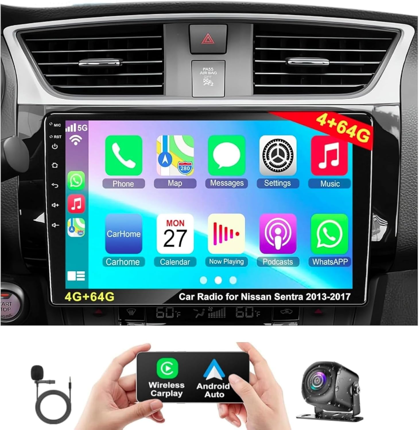 (4G RAM+64G ROM) Car Radio for Nissan Sentra 2013-2017, Android 13.0 10.1 Inch 5G WiFi Sentra Stereo Support Carplay/Android Auto,GPS Navigation with Bluetooth,Backup Camera 1080P,SWC/FM Radio