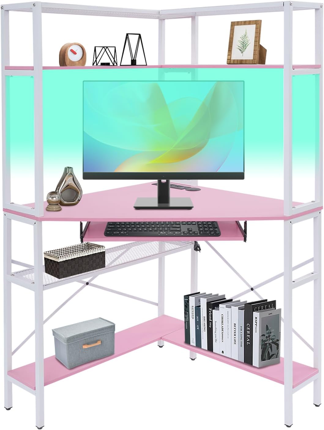 Corner Computer Desk with Power Outlets & LED Light, Mini Corner Desk with Hutch Corner Gaming Desk with Storage Shelves Triangle Corner Desk for Small Space, Home Office, Workstation (Pink)