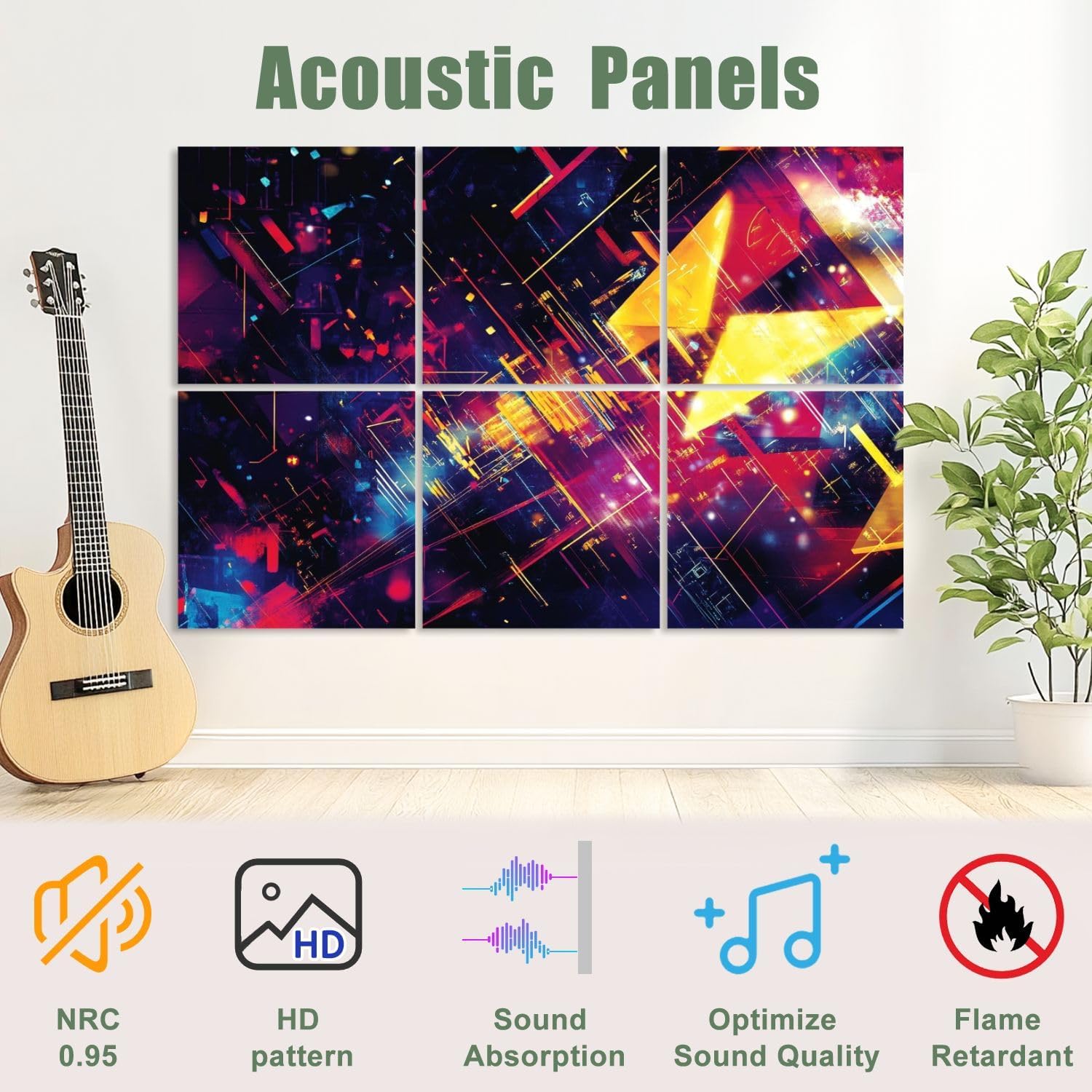 6 Pack Art Acoustic Panels Sound Absorbing Math Tv Triangles Bright Yellow Electric Blue Dynamic Lines Neon Art Decorative Soundproof Wall Panels Self Adhesive for Recording Studios Office 72