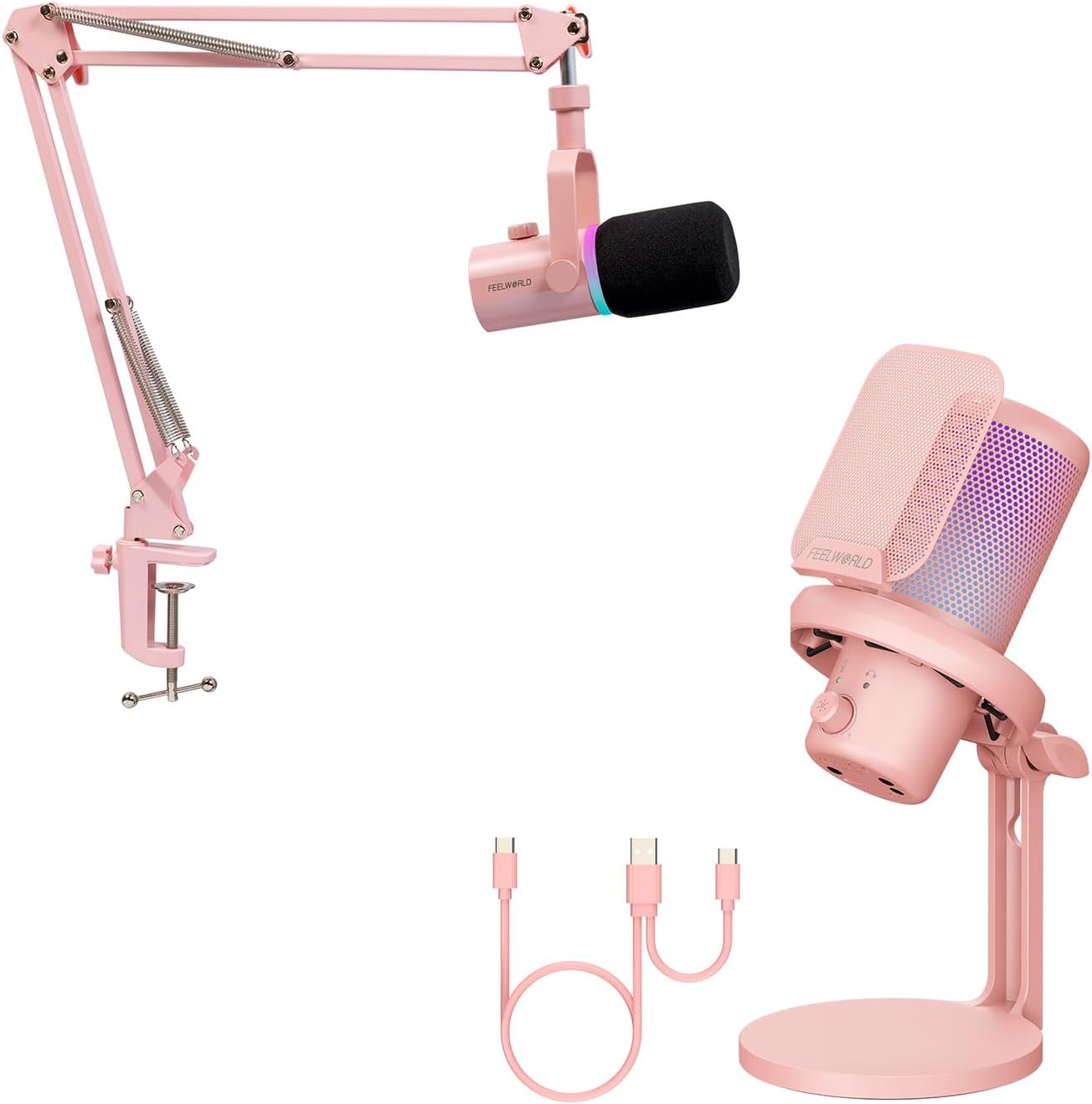 FEELWORLD PM1 XLR USB Dynamic Microphone with Boom Arm and VM1 Gaming PC USB Microphone Condenser Mic