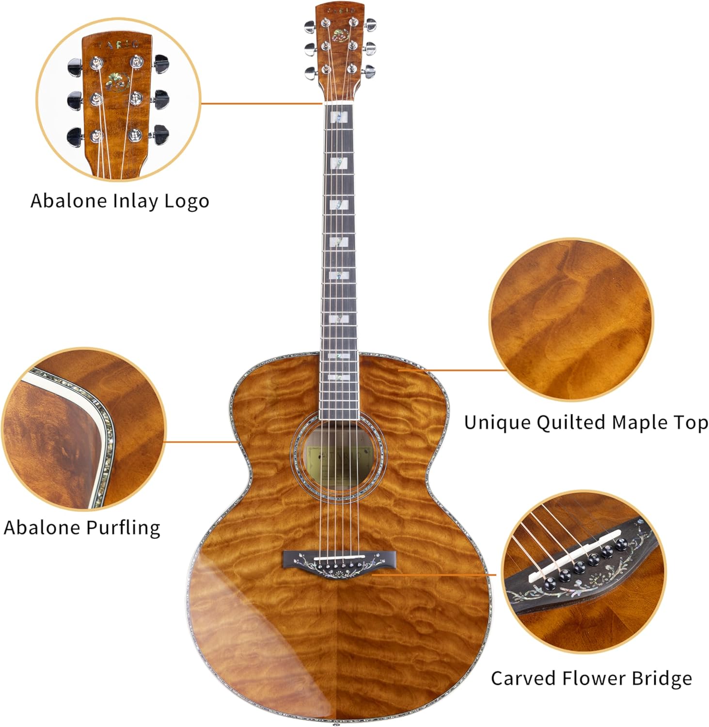 TARIO Antique Jumbo Body Acoustic Guitar Quilted Maple body Maple Neck Natural