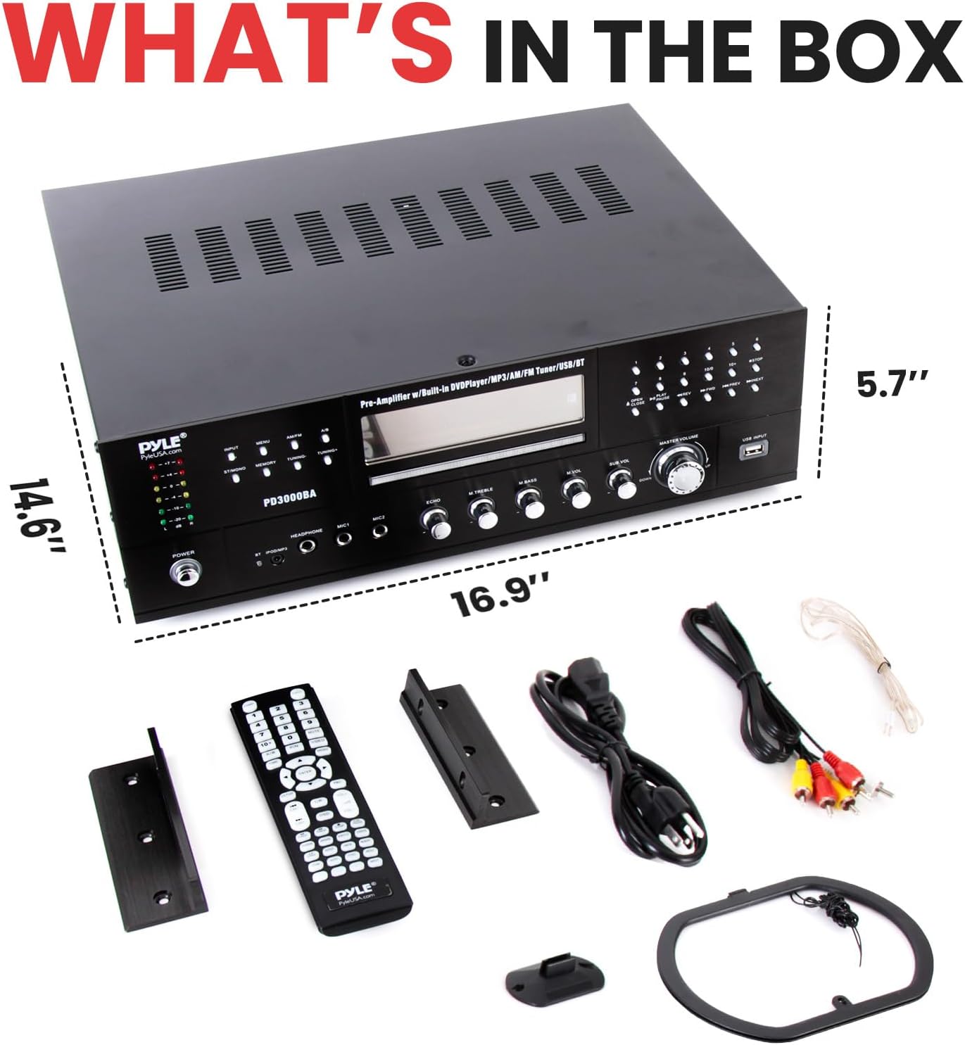 Pyle 4-Channel Home Theater Bluetooth Amplifier Receiver - 3000 Watt Stereo Speaker Home Audio Receiver w/ Radio, USB, 2 Microphone w/ Echo for Karaoke, CD DVD Player, LCD, Rack Mount - Pyle PD3000BT