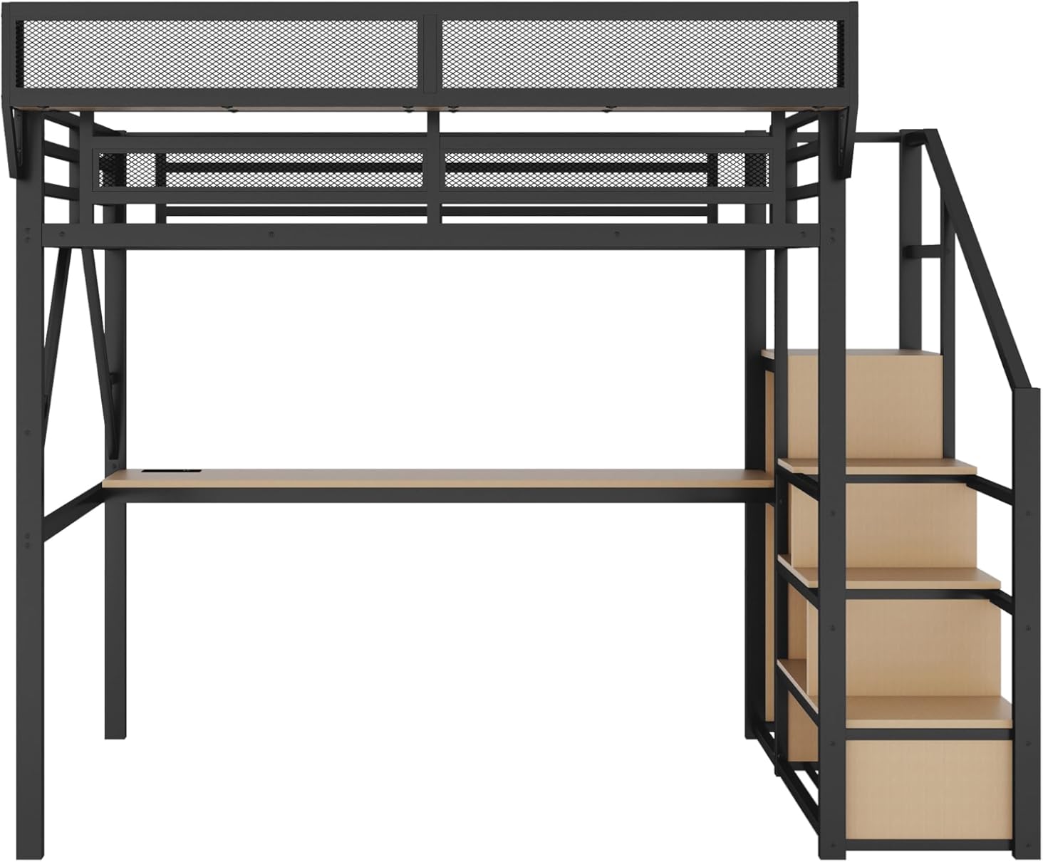 Full Loft Bed with Desk and Charging Station, Full Size Metal Loft Bed with Stairs and Light for Kids Teens, Black, Patent Products