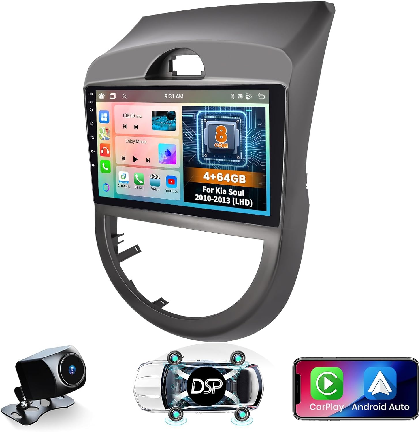 [8 Core 4+64GB] Hikity for Kia Soul 2010 2011 2012 2013 (LHD) Android Car Stereo, 9 Inch 1280 * 720 IPS Touchscreen Car Radio Support Wireless Carplay 59UI GPS Navigation WiFi 32EQ DSP Backup Camrea