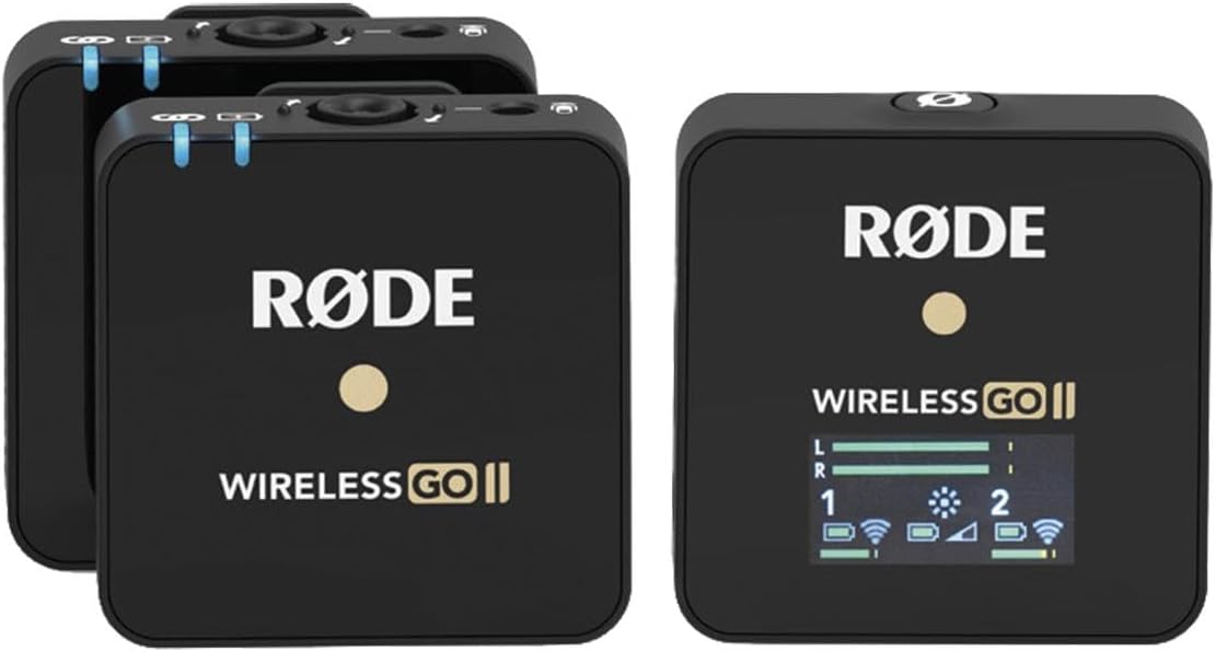 Rode GO II Dual Channel Wireless Microphone System, Series IV 2.4GHz Digital Transmission, 128-bit Encryption, 3.5mm TRS Analog Output, USB-C and iOS Compatible