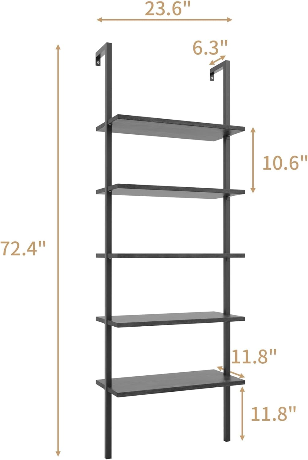 Flamaker 5-Tier Bookshelf Wall Mount Ladder Bookcase Industrial Standing Corner Bookshelf with Wood Board and Metal Frame, Modern Tall Narrow Storage Organizer for Home Office (Black, 2 Piece)