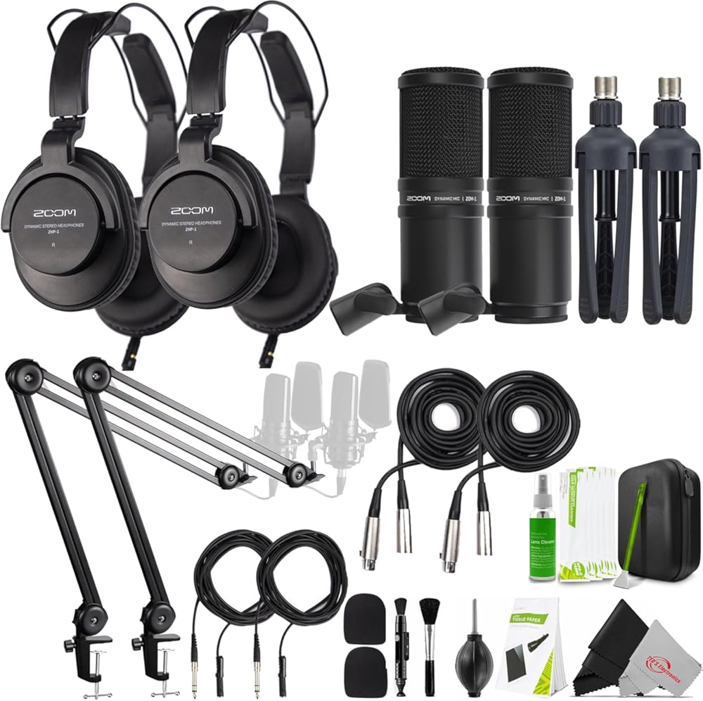 2x Zoom ZDM-1 Podcast Mic Pack Accessory Bundle With Microphone, Headphones, Tripod, Windscreen & Cable and 2x Boya Desk Holder Microphone Stand Bracket + Cleaning Kit