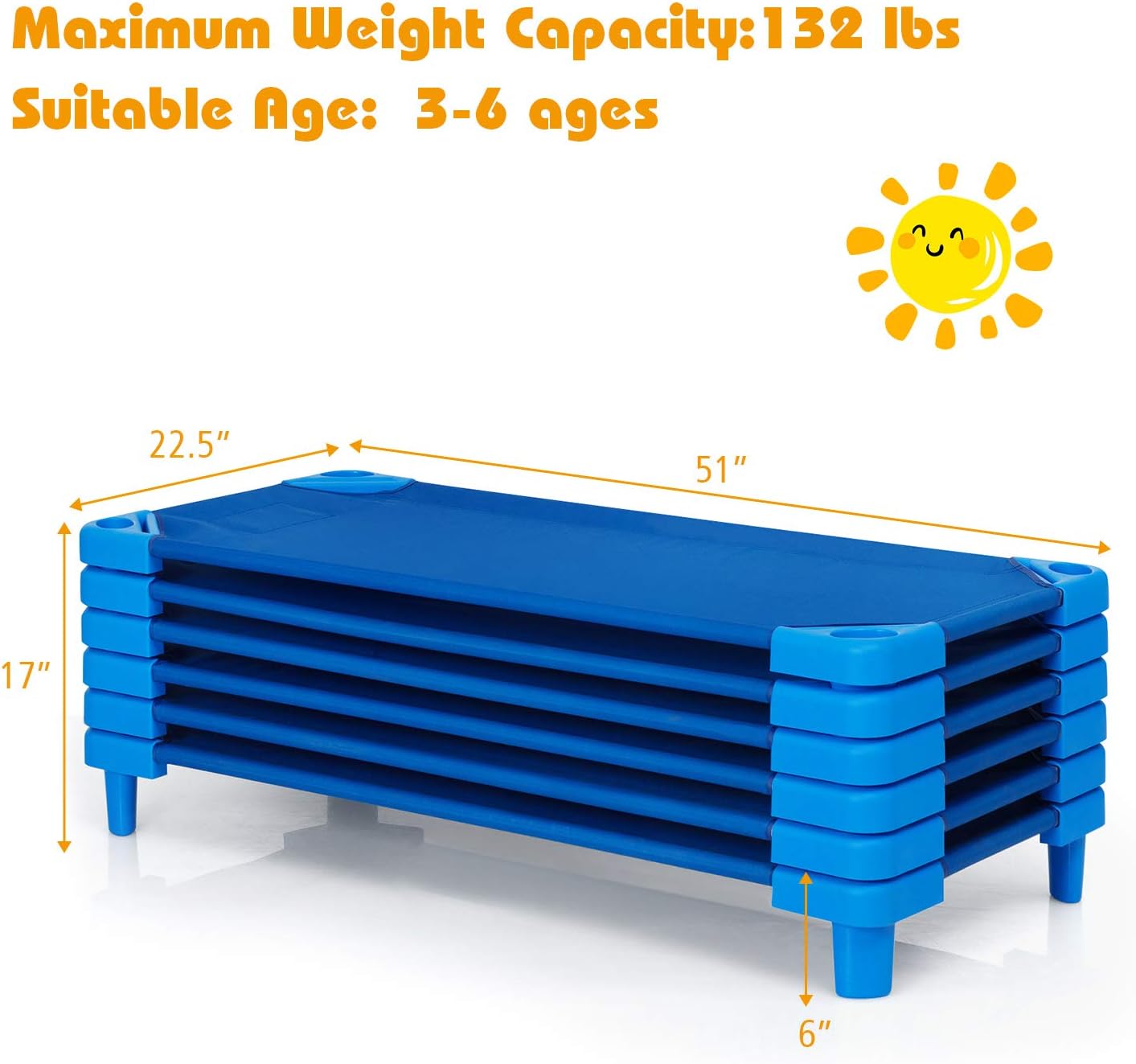 Daycare Cots, 6-Pack Stackable Nap Bed Cot with Easy Lift Corners, Portable Children Sleeping Cots for Preschool Classroom, Nursery, Ready-to-Assemble (Blue)