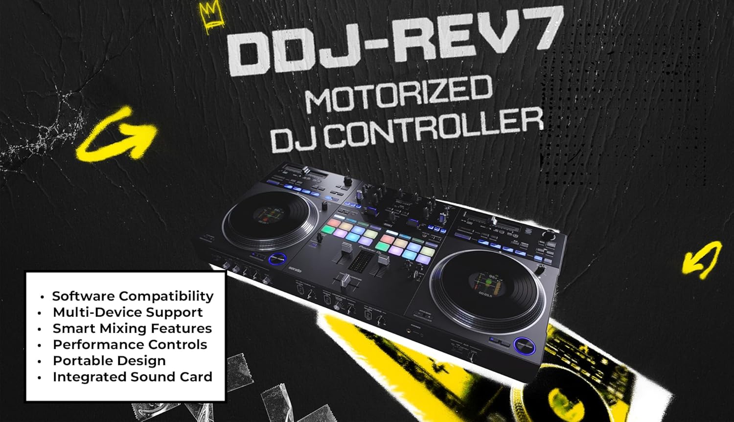 Pioneer DDJ-REV7 Scratch-Style 2-Channel Professional DJ Controller - Black Bundle with Laptop Stand, Headphones, and Austin Bazaar Polishing Cloth