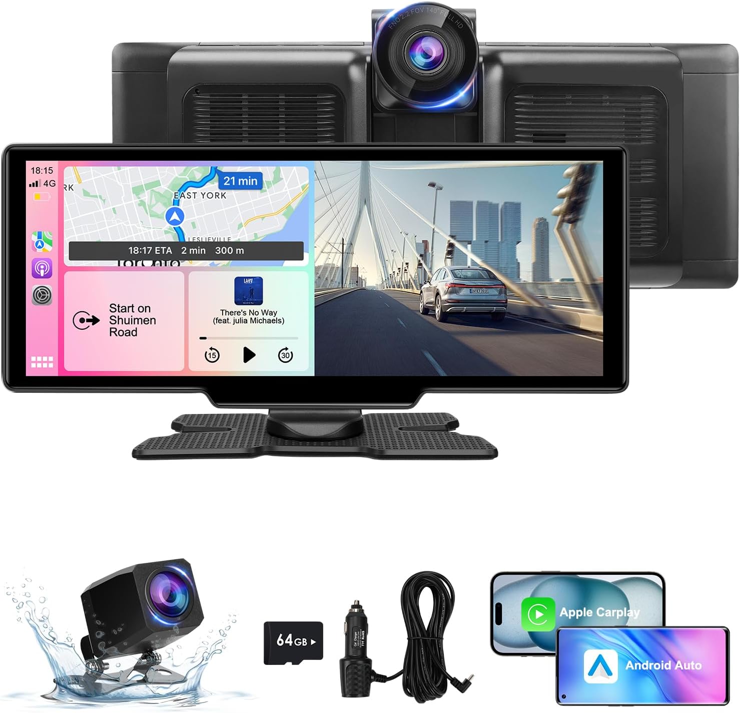 Wireless Carplay Screen for Car 4K Dash Cam, 10.26