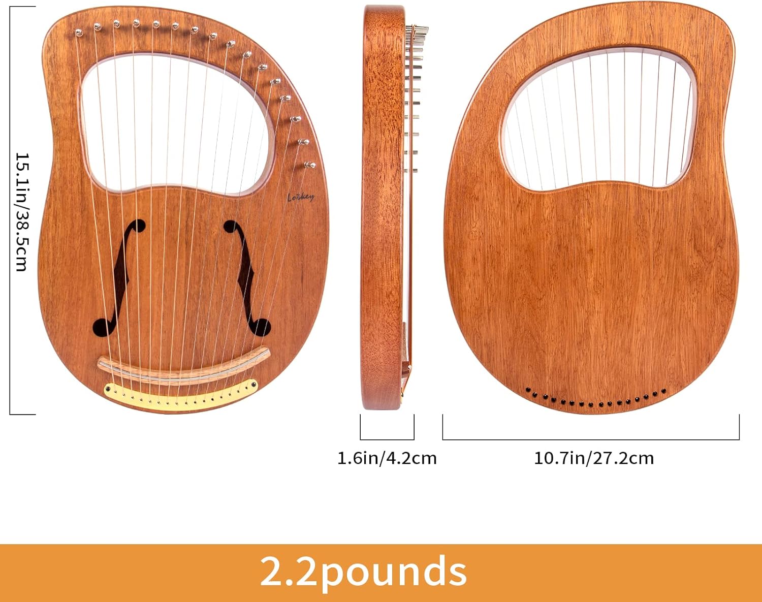 Lyre Harp, Lotkey 16 Metal Strings Iron Saddle Mahogany Lyre Harp with Tunning Wrench, Extract Strings, Manual and Gig Bag