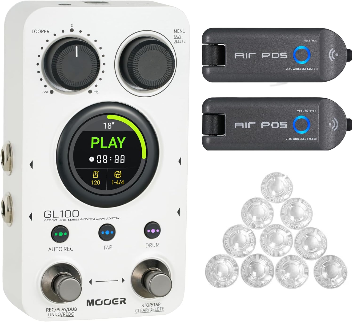 MOOER GL100 New Era Stereo Looper Drum Machine Pedal, Dual Footswiches, 300min Looping,11 Music Genres Drum Machine, Touch Screen, Tap Tempo, Auto Record, Time Stretch, Wireless System, Footswitch To