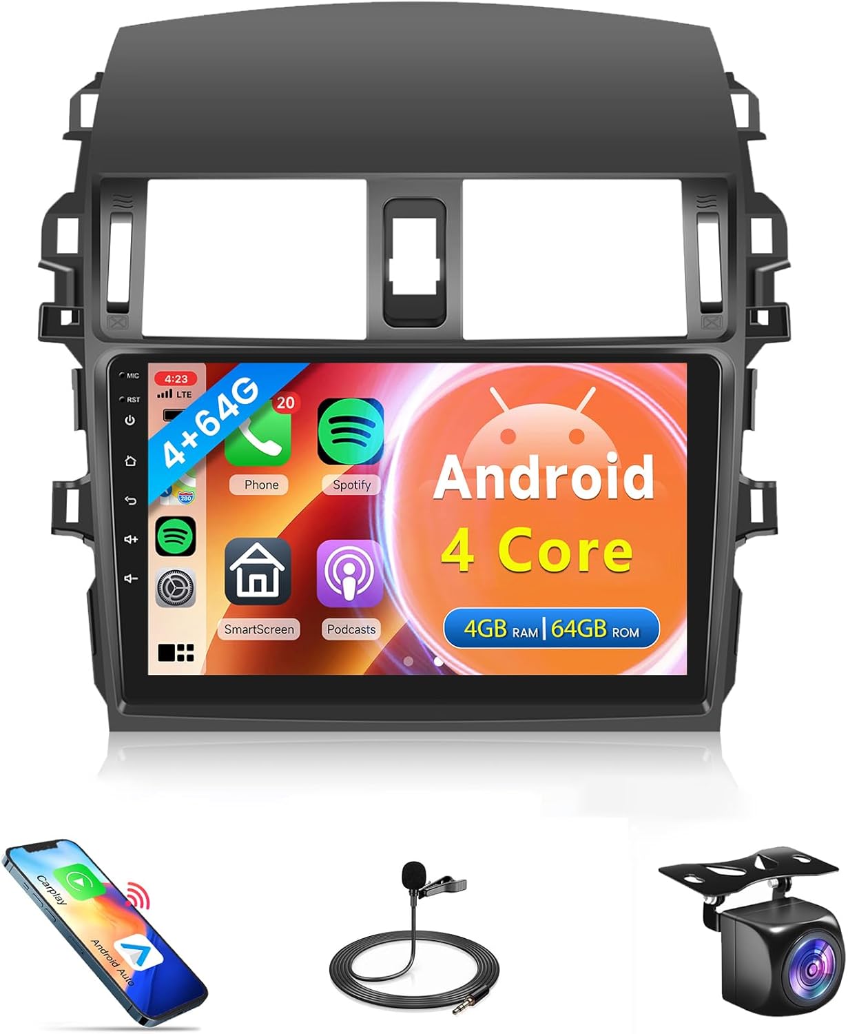 4Core 4G+64G Car Radio for Toyota Corolla 2009-2013 Android Car Stereo Wireless Carplay, Rimoody 9'' HD Touchscreen Mirror Link GPS Navigation WiFi Bluetooth FM/RDS EQ SWC Backup Camera