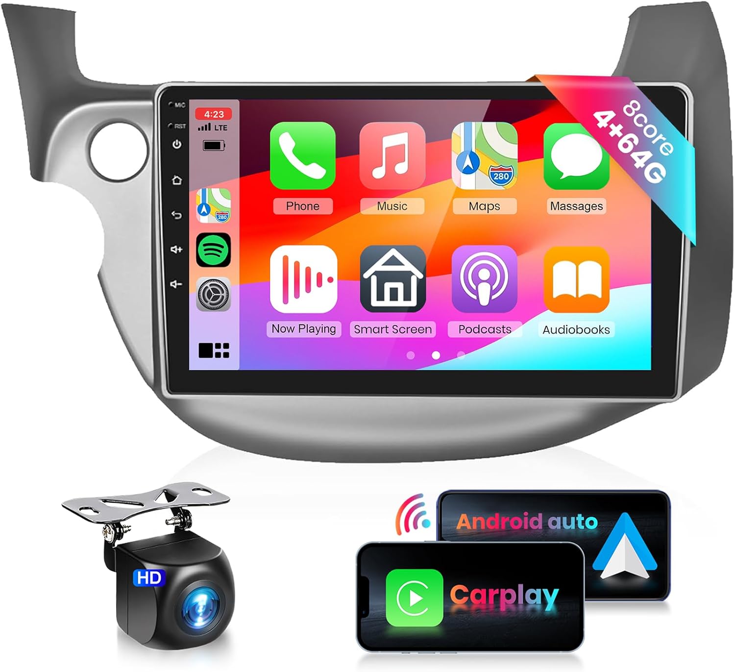 8Core 4G 64G Car Stereo for Honda Fit 2008-2013 Radio with 10.1inch 1280x720 Touch Screen/Wireless Carplay Android Auto Mirrorlink /5.0 Bluetooth/GPS/FM RDS/WiFi/DSP Audio/36EQ/Backup Camera Mic