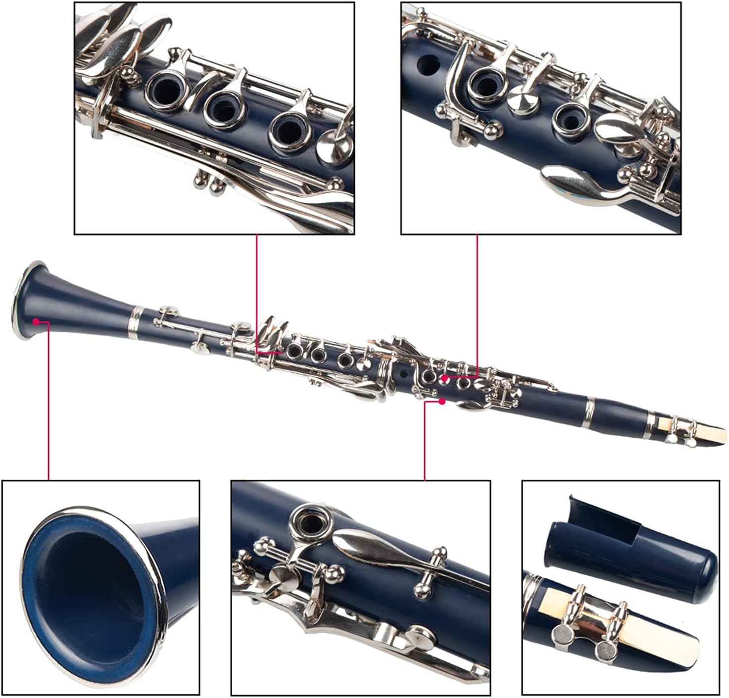 Standard Clarinet Dark Blue ABS Clarinet Bb Cupronickel Plated Nickel 17 Key with Cleaning Cloth Gloves Woodwind Instrument Beginner Clarinet