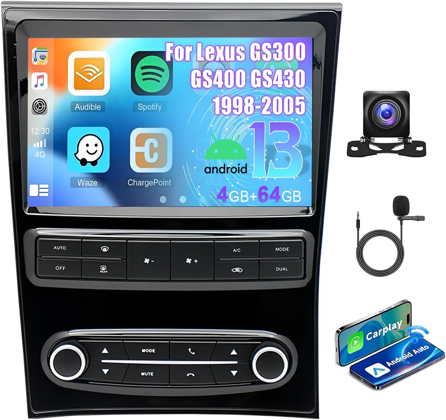 4GB+64GB Android 14 Car Stereo for Lexus GS300 GS400 GS430 1998-2005, 9 inch Touch Screen Radio Head Unit Replacement with Wireless CarPlay Android Auto GPS/FM/WiFi/SWC/AHD Backup Camera/Mirror Link