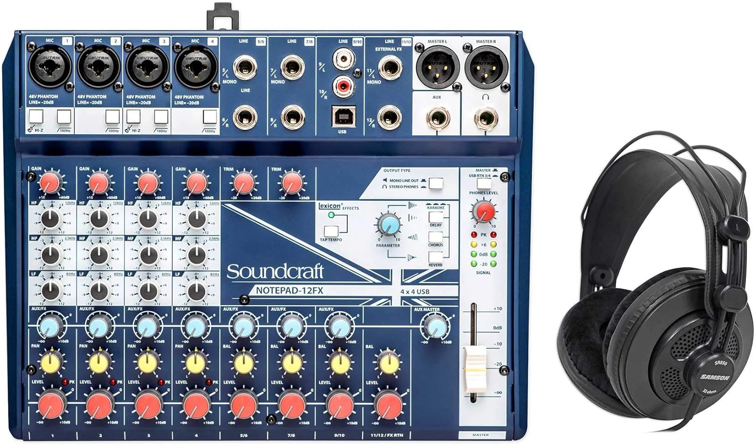 Soundcraft Notepad-12FX 12-Channel Mixer w/ 4x4 USB Interface with Lexicon Effects Bundle with Samson SR850 Professional Semi-open Studio Reference Monitoring Headphones
