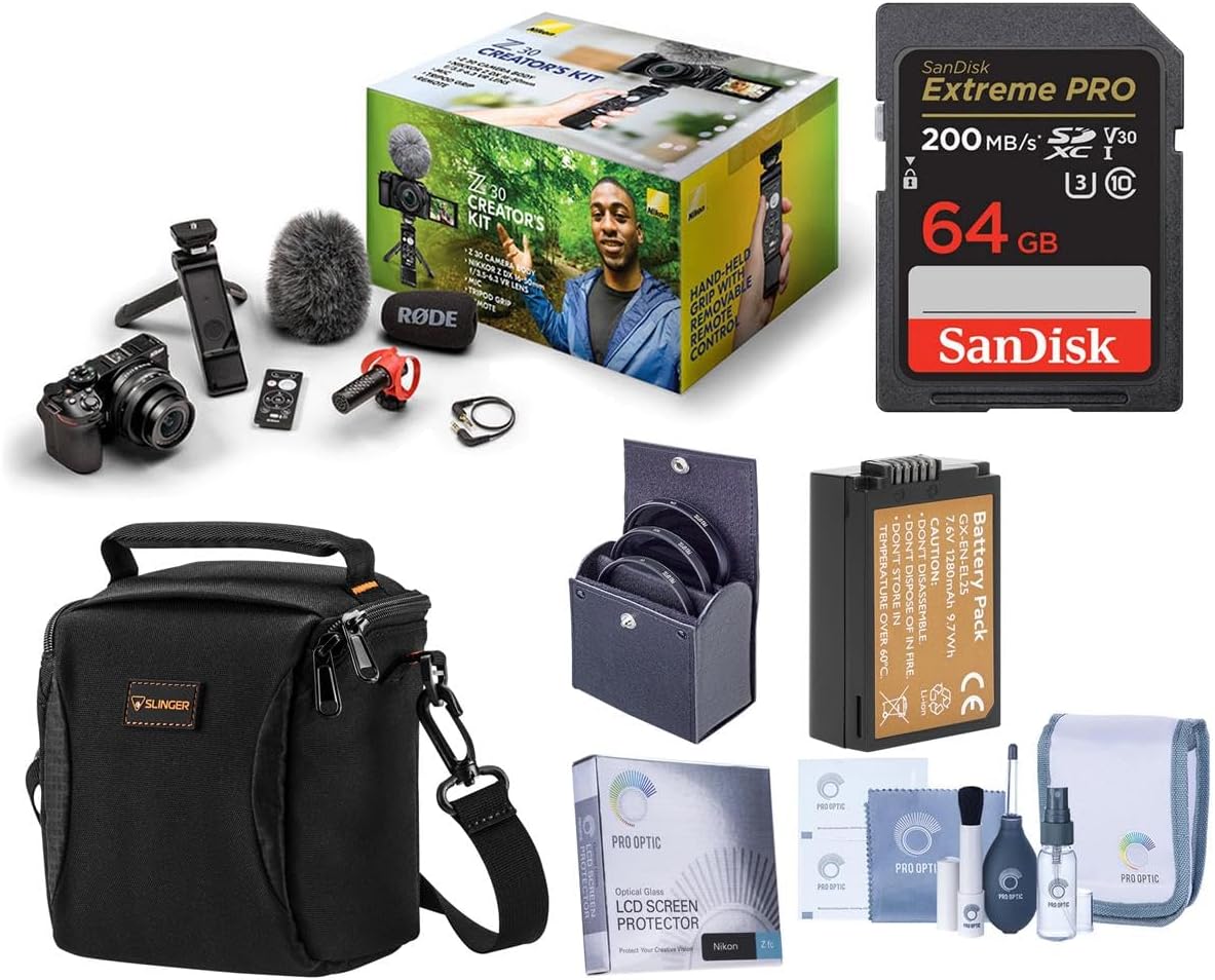 Z 30 Mirrorless Camera Creator's Kit, Bundle with 64GB Memory Card, Shoulder Bag, EN-EL25 Battery, Screen Protector, 46mm Filter Kit, Cleaning Kit
