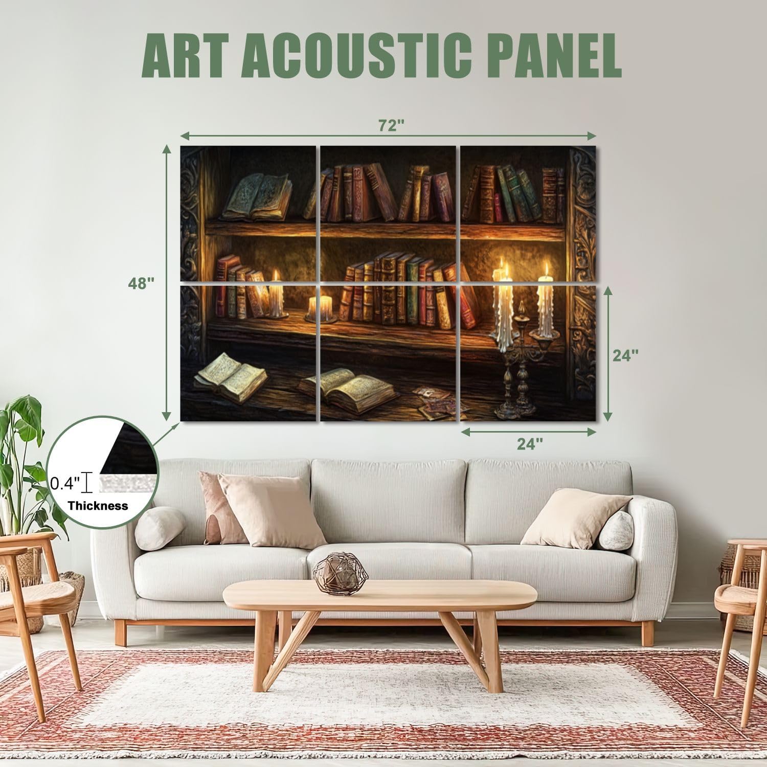 6 Pack Art Acoustic Panels Sound Absorbing Retro Bookcase Bookshelf Books Candles Wooden Shelf Ornate Open Warm Decorative Soundproof Wall Panels Self Adhesive for Recording Studios Office 72