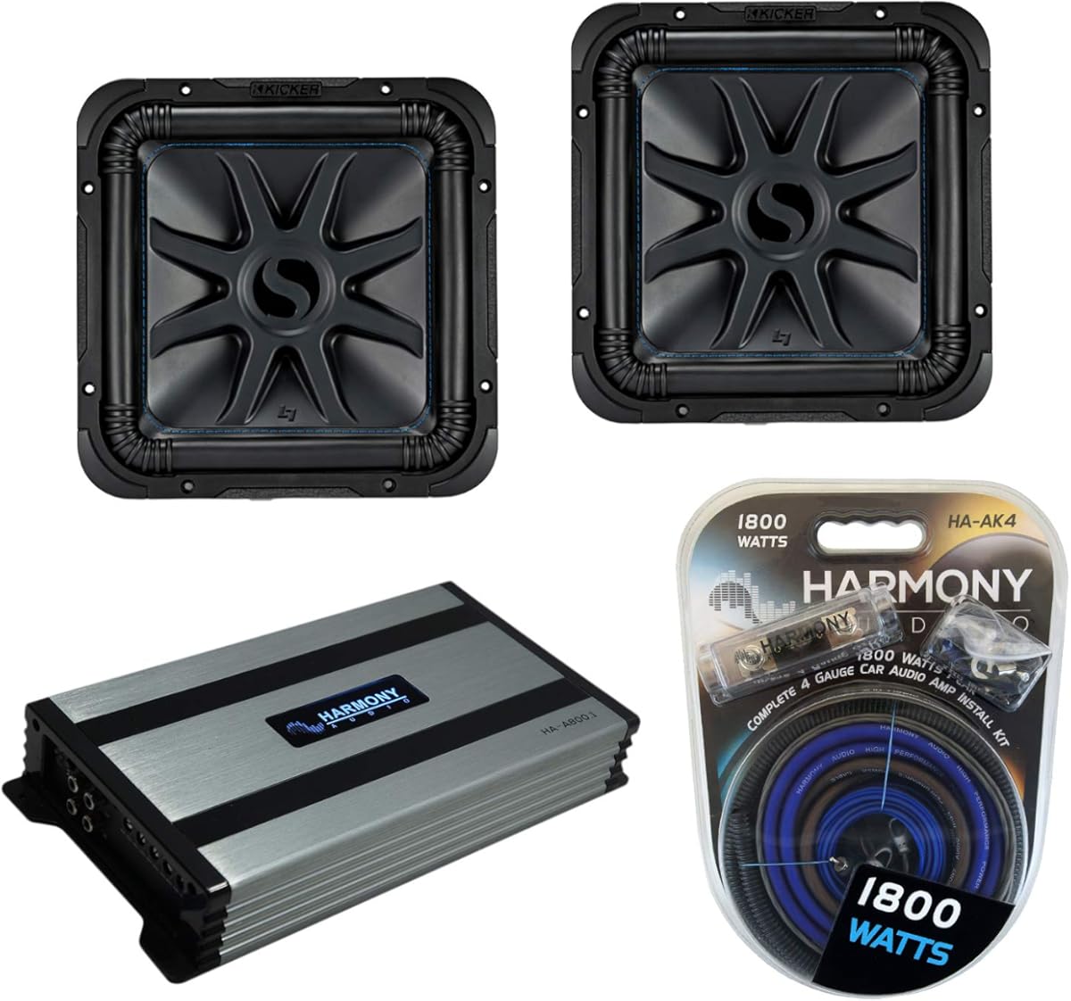 Harmony Audio Kicker (2) L7S12 Car Audio Solo-Baric 12 Subwoofer Square L7 Sub 44L7S122 Bundle with HA-A800.1 Amplifier & Amp Kit