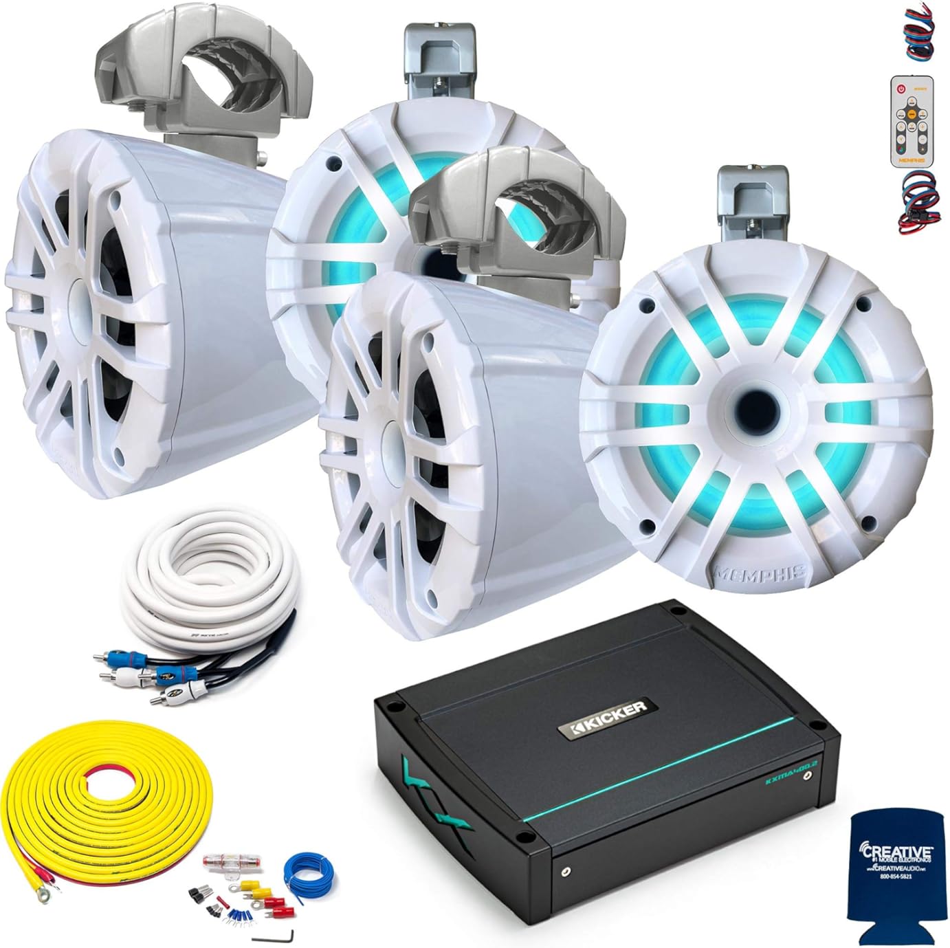Memphis Audio LED Tower Speaker Bundle with 4 (2 Pairs) MXA62TW White 6.5 Compression Speakers, KMA 400 Watt Amplifier, and Wire Kit