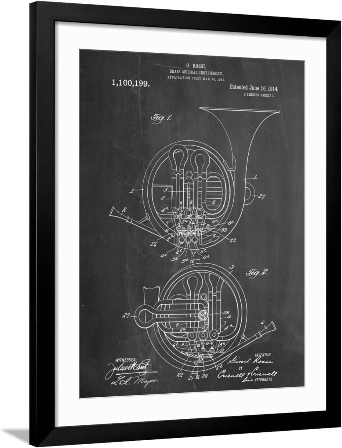 ART.COM Wall Art Print French Horn Instrument Patent on Black Frame, 32