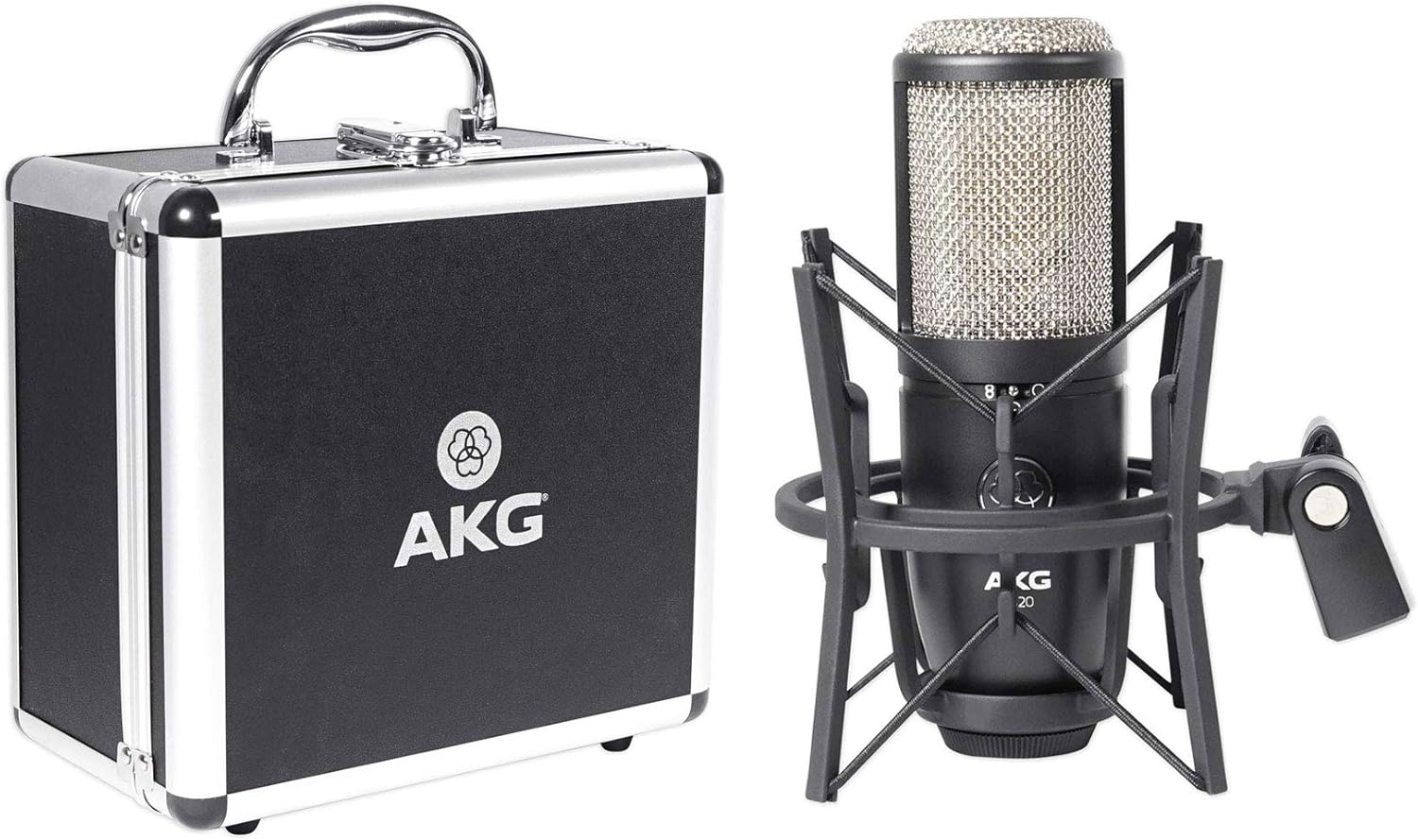 AKG P420 Studio Condenser Recording Microphone Dual Capsule Mic Bundle with Rockville ROCKSHIELD 3 Studio Mic Isolation Shield & Rockville RVES05 Tripod Pole-Mount DJ PA Speaker Stand (3 Items)