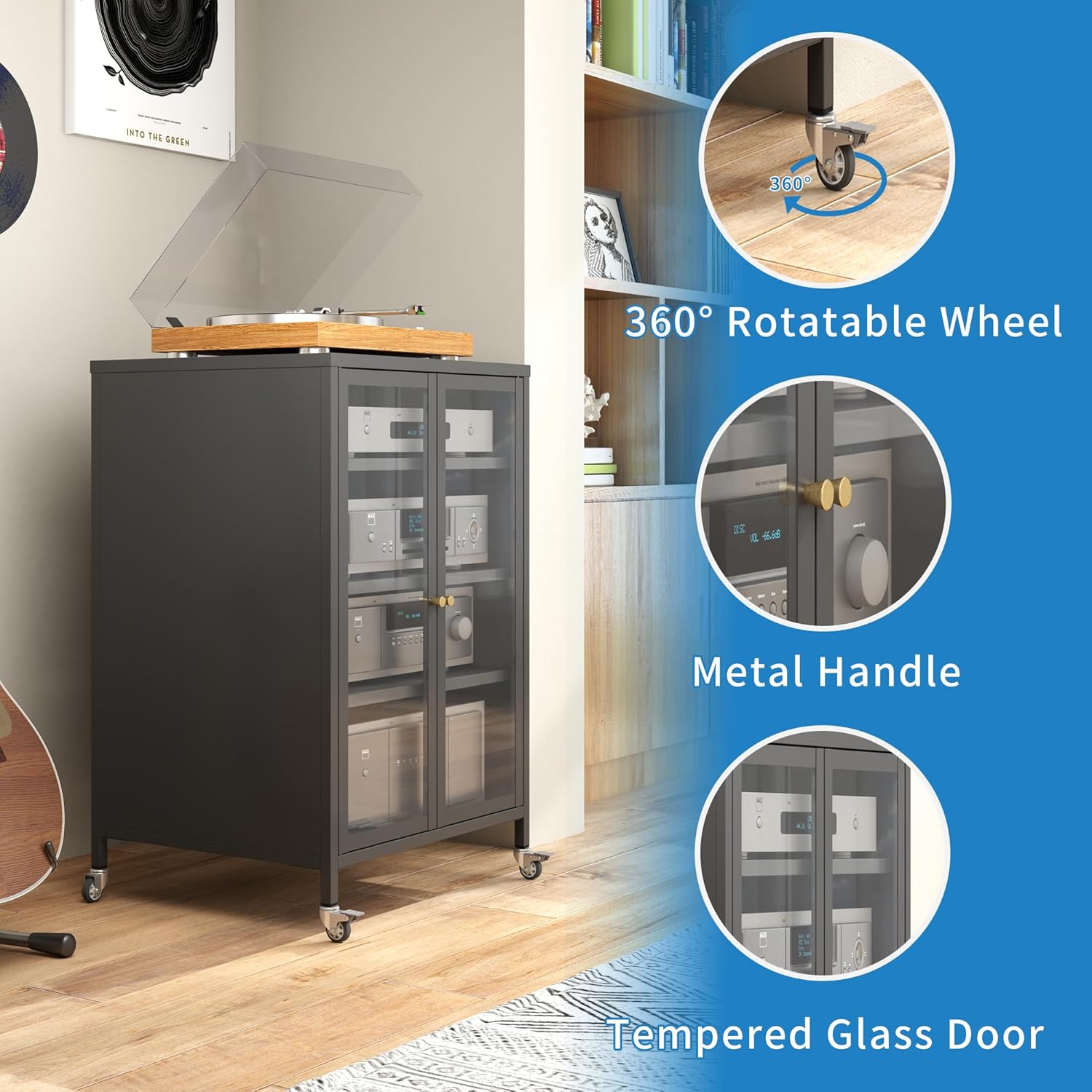 Stereo Cabinet, Metal Media Storage Cabinet with Glass Doors, Audio-Video Media Stand with 4 Adjustable Shelves, AV Stand for Meeting, Living, Recording Room, Require Assembly, Black