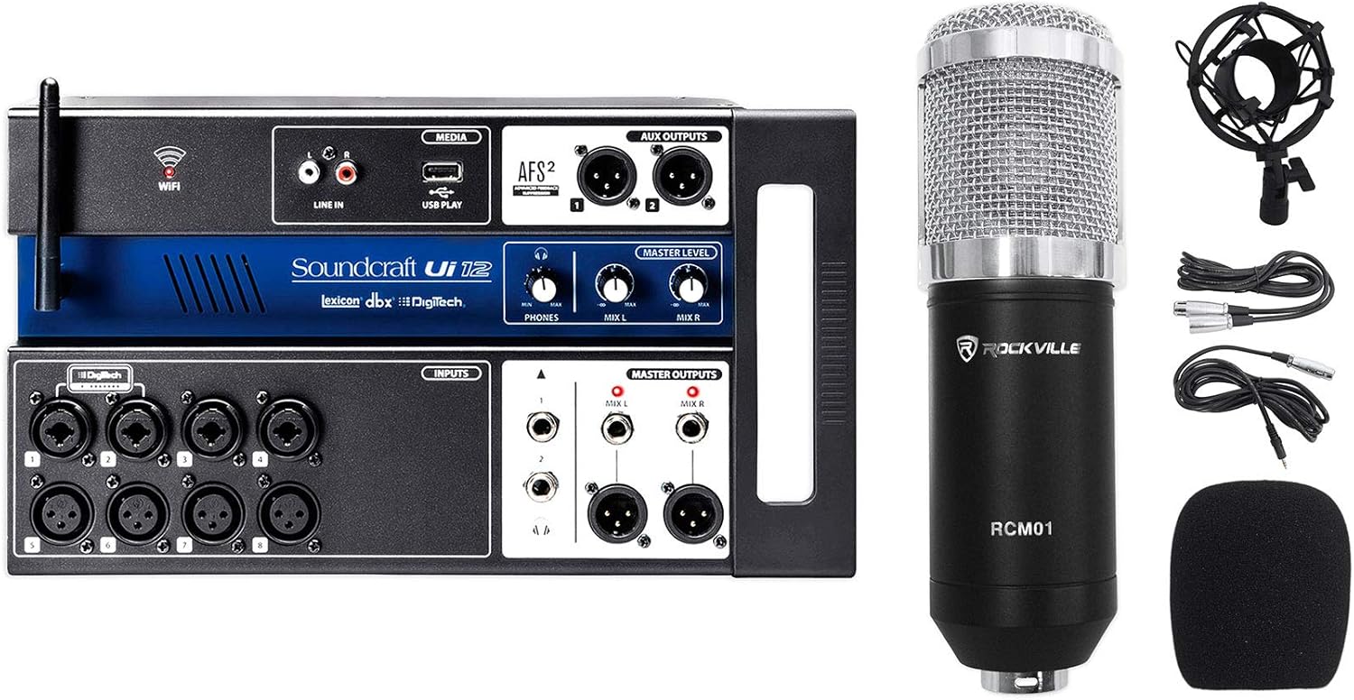 Soundcraft Ui12 12 Input Digital Mixer w/WifiwithApp ControlwithRecording Ui 12 Bundle with Rockville RCM01 Pro Studio Recording Condenser MicrophonewithMetal Shock Mount