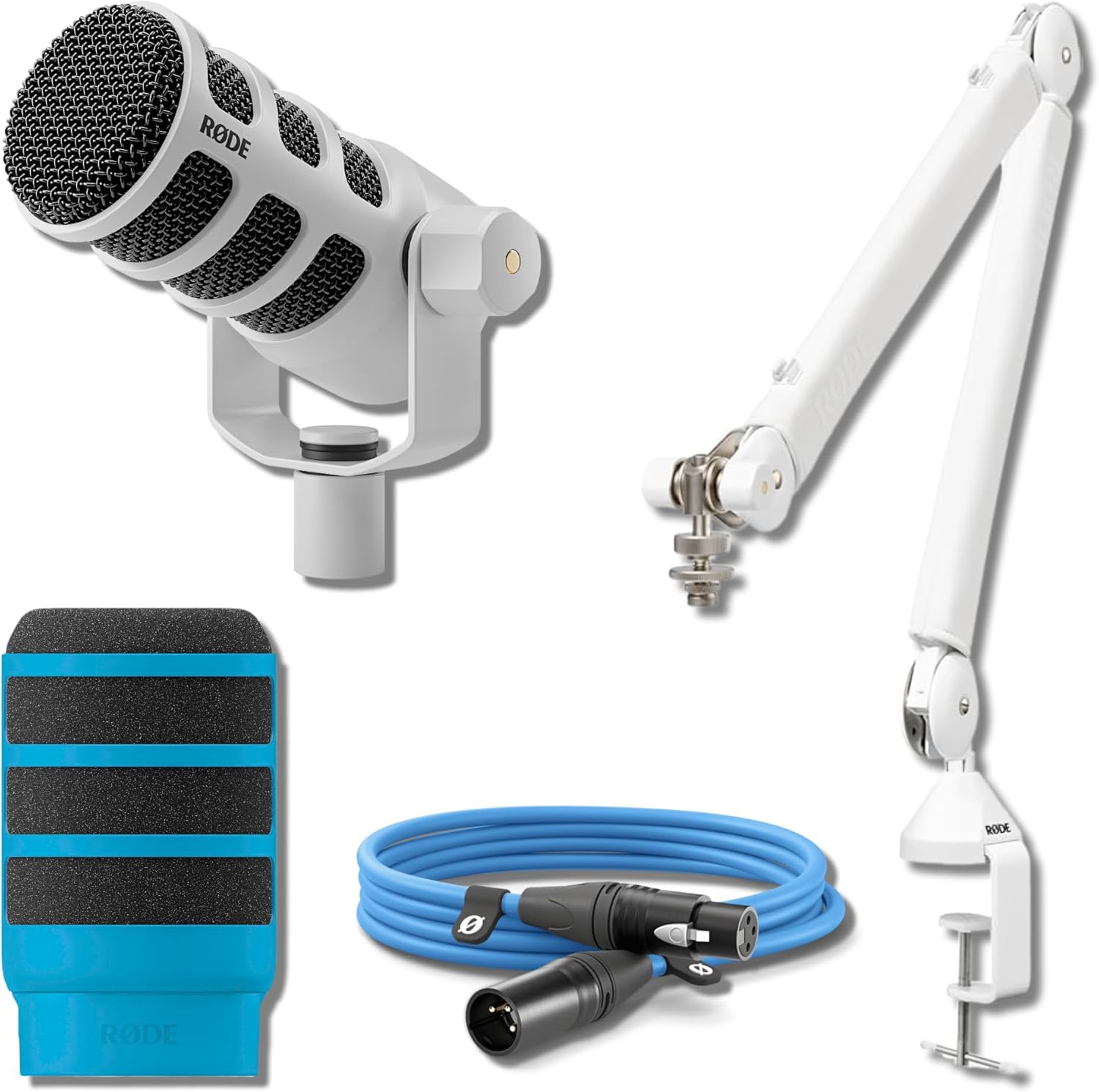 Rode PodMic USB Dynamic Broadcast Microphone (White) with Rode PSA1+ Professional Studio Boom Arm (White), Rode Premium XLR Cable and Pop Filter (10' Blue)