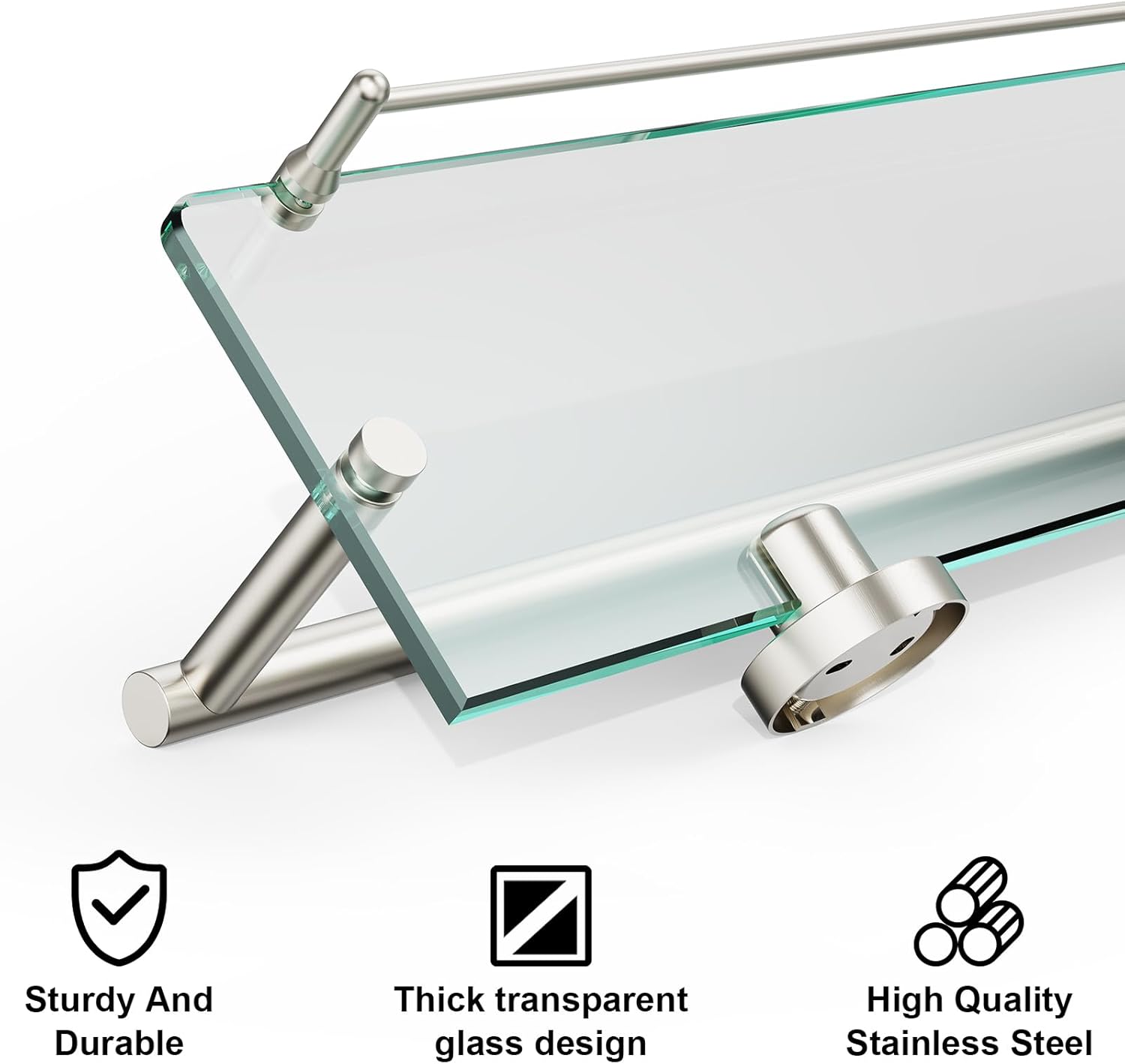 Glass Shelf for Bathroom 2 Pack,24-Inches Floating Glass Shelves Towel Bar/Track(Brushed Nickel)