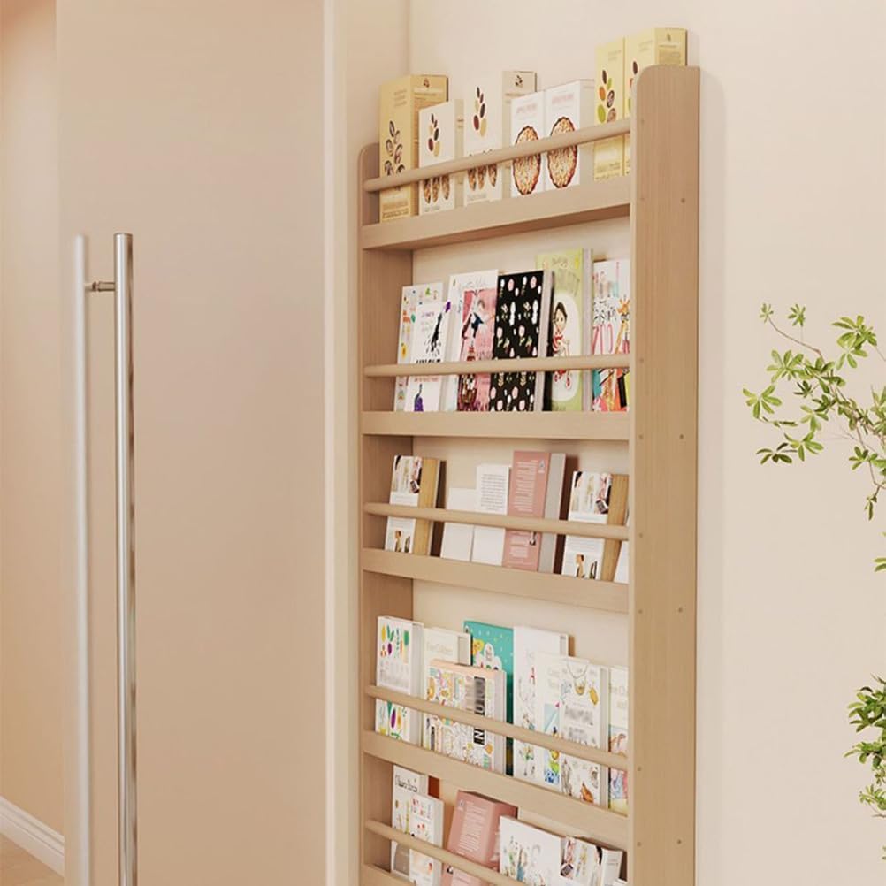 Behind The Door Storage Organizer Behind The Door Bookshelf Solid Wood Bookcases with Open Display Shelves for Toys and Books Space-Saving Wall Mount Narrow Book Shelf,Yellow,100*10*120cm
