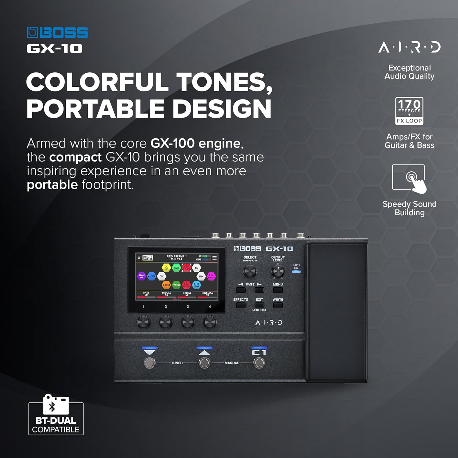 BOSS GX-10 | Compact Guitar & Bass Effects Processor | GX-100 Sound Engine | Colour Touch Display | 32 Amp Types & 170 BOSS Effects | Multi-mode Footswitches & Expression Pedal | AIRD Technology