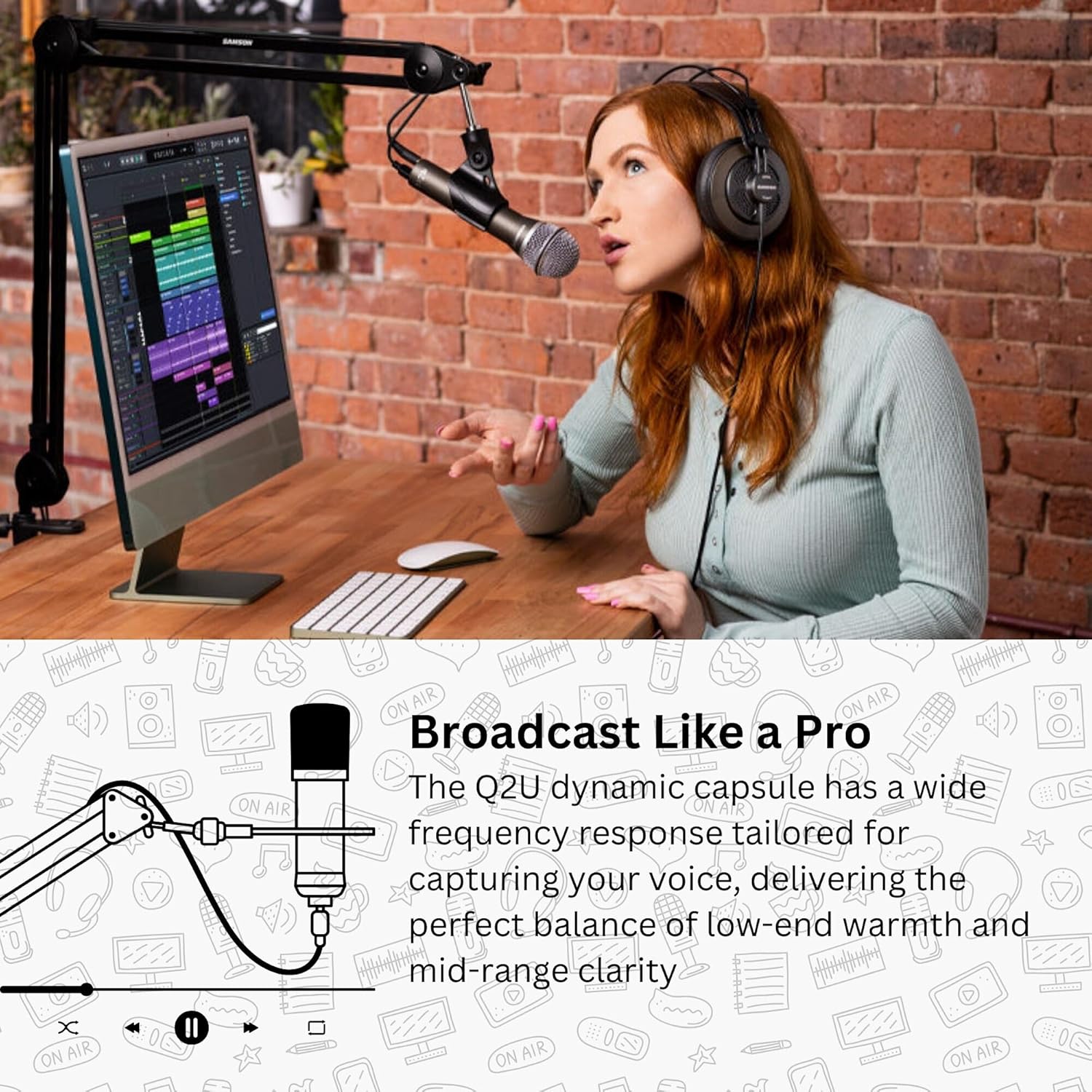 Samson Q2U Black Handheld Dynamic USB Microphone Bundle with Boom Arm and Pop Filter (3 Items)