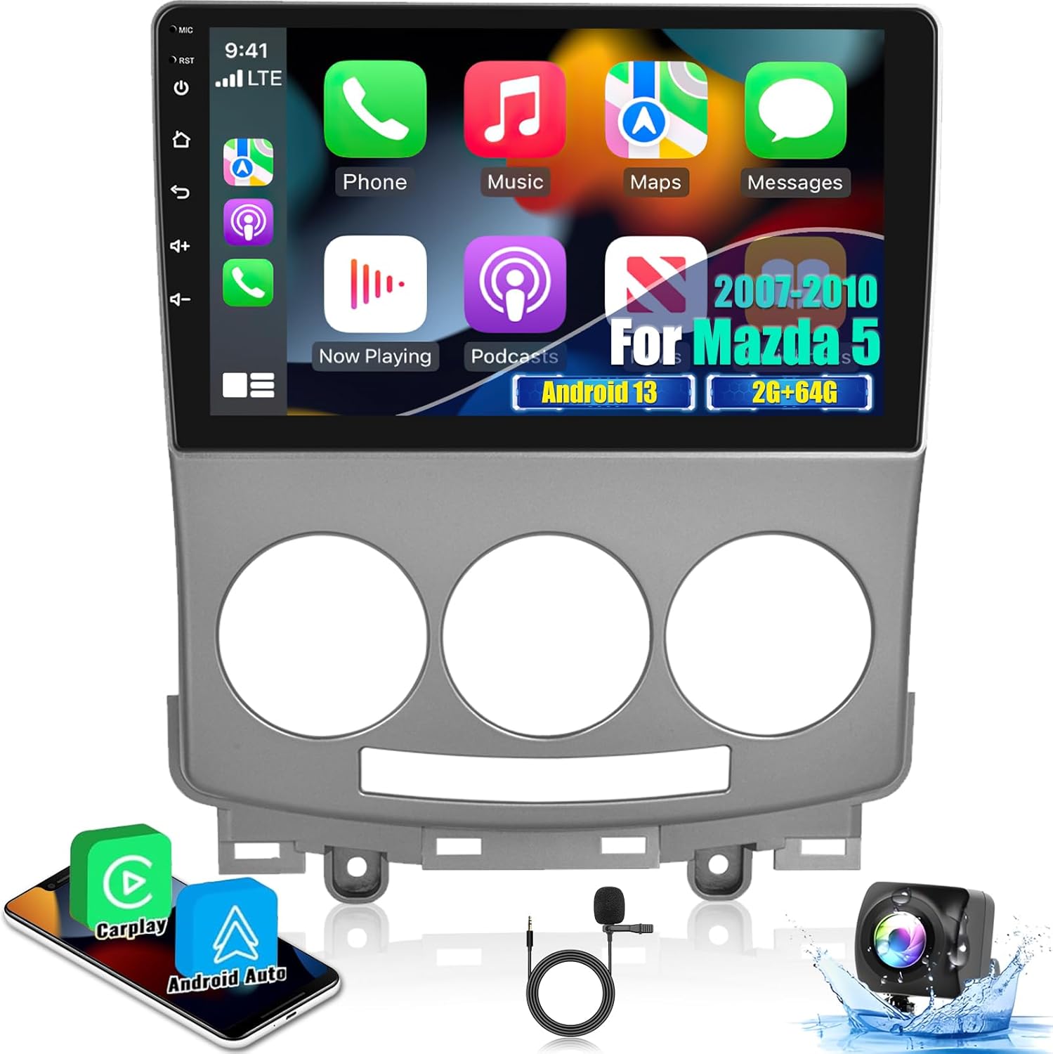 [2+64G] Android Car Radio for Mazda 5 2007-2010 - Wireless Carplay and Android Auto - 9 Inch Touchscreen Car Stereo with DSP/Multiple UI/WiFi/GPS Navigation/SWC + AHD Backup Camera