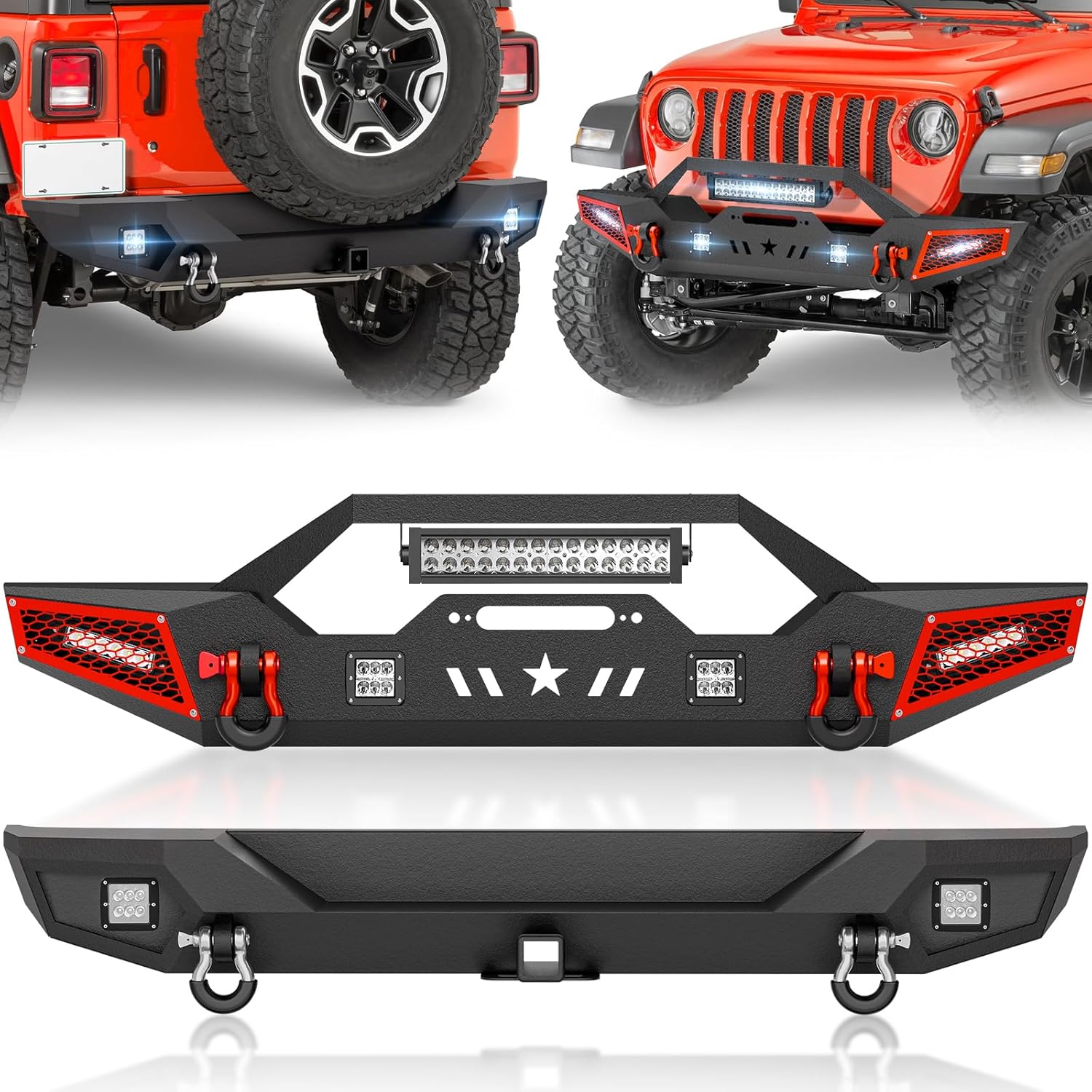 SUORTO Black Off-Road Full Width Front and Rear Bumpers Compatible with 2018-2026 Jeep Wrangler JL JLU Unlimited with Winch Plate, LED Lights, Paintable Armor, 2