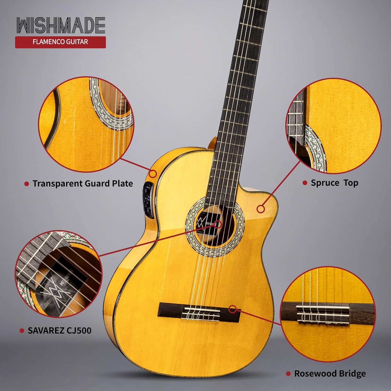 Wishmade Flamenco Guitar - 39 Inch Electric Classical Nylon String Guitar for Beginner Adults with Gig Bag