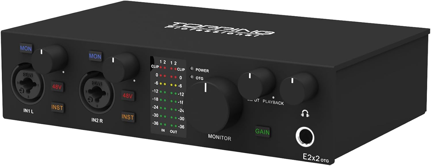 TOPPING E2x2 OTG USB Audio Interface - Ultra-Linear Preamp & Powerful Headphone Amp,Optical Output, Dual Mobile Streaming, Zero-Latency, 192kHz/24bit Recording, PC/Mobile Compatible (Black)