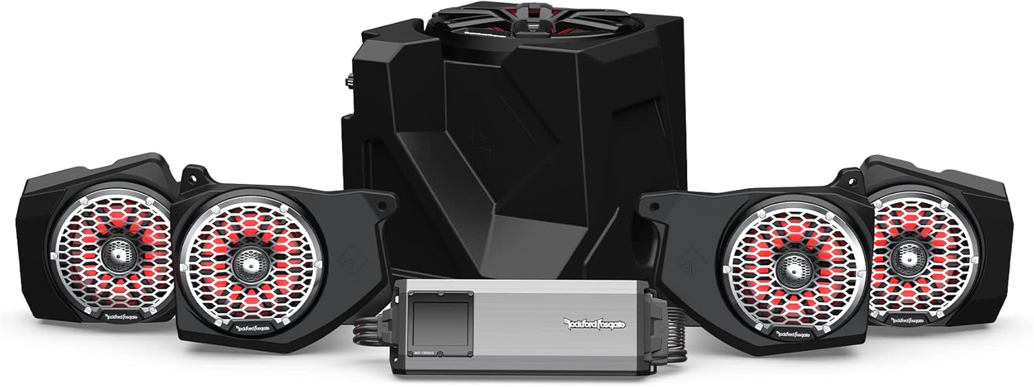 Rockford Fosgate RNGR18RC-STG6 Audio Kit: Ride Command Interface, 1500-Watt Amp, M2 Color Optix Multicolor LED Lighted Front, Rear Speakers & Subwoofer for Select Polaris Ranger Models (2018-2022)
