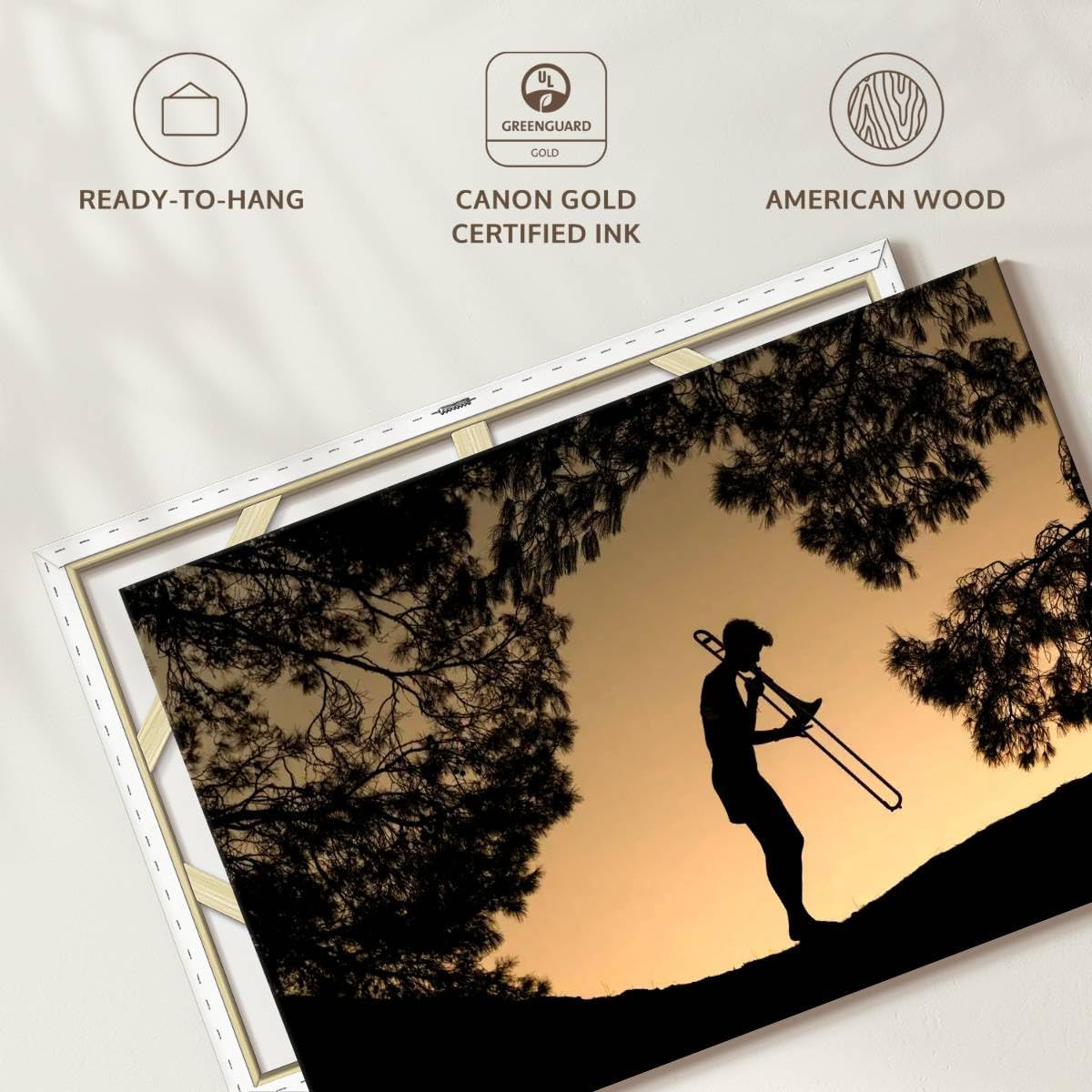 ElephantStock - Trombone Musician Wall Art - Horizontal Canvas Wall Art - Living Room Wall Decor - Photography Music Canvas Art - Black And Beige Decor - 30