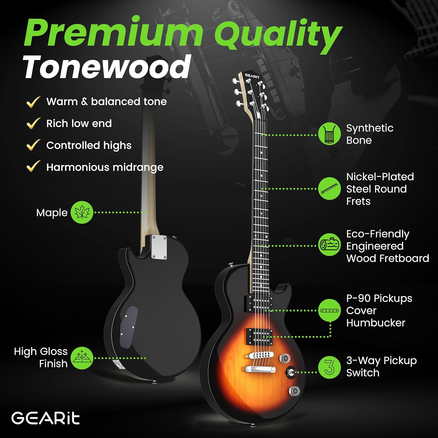 GEARit 39 Inch Full Size Electric Guitar Bundle w/Amplifier, H-H Pickups with Coil Split, Starter Kit with Tuner, Gig Bag, Strap, Cable, Picks, Strings - GI-155 Valley Series, Tobacco Burst