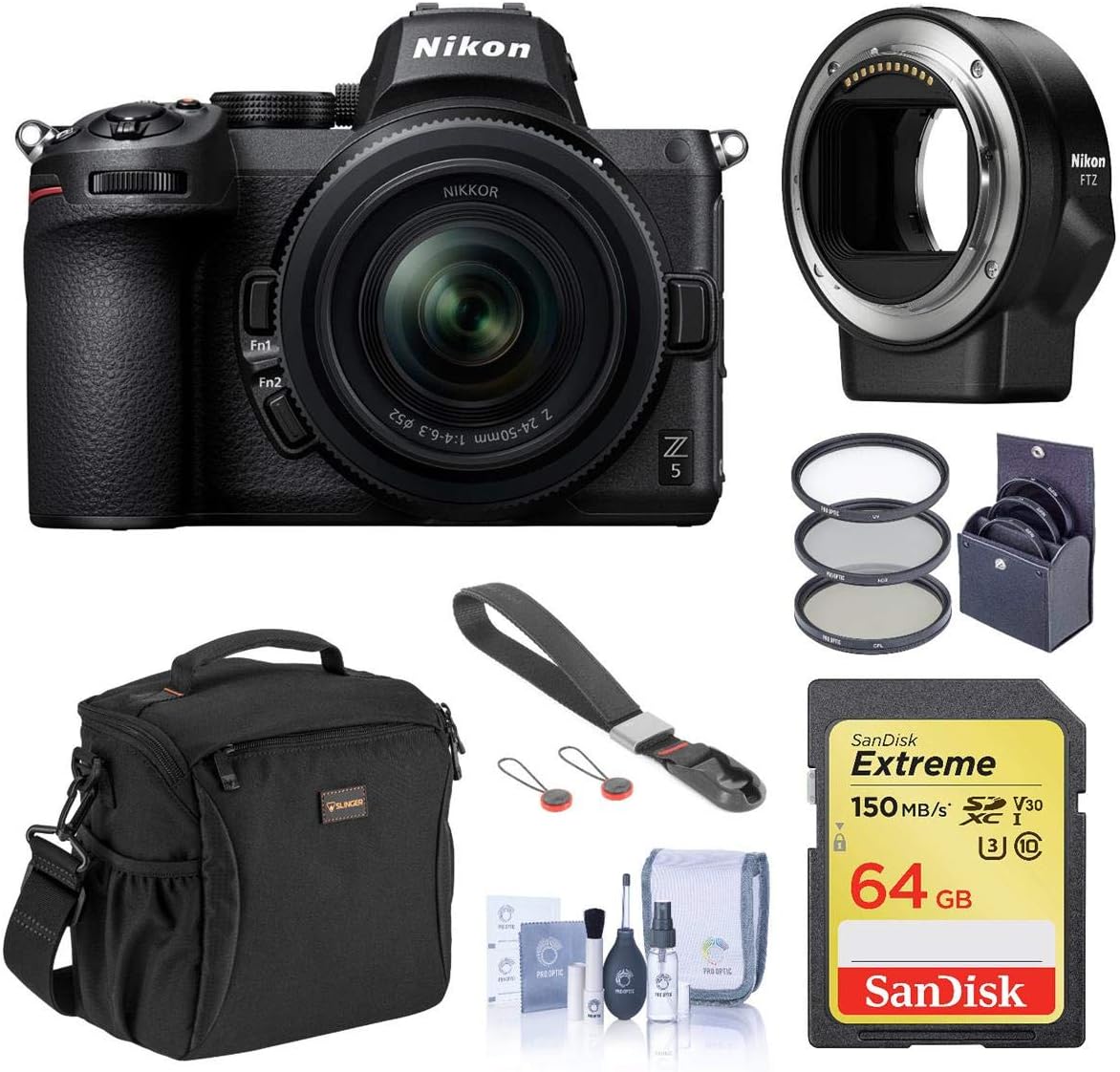 Nikon Z5 Full Frame Mirrorless Camera with 24-50mm Lens Bundle with FTZ II Mount Adapter, 64GB SD Card, Wrist Strap, Filter Kit, Shoulder Bag, Cleaning Kit