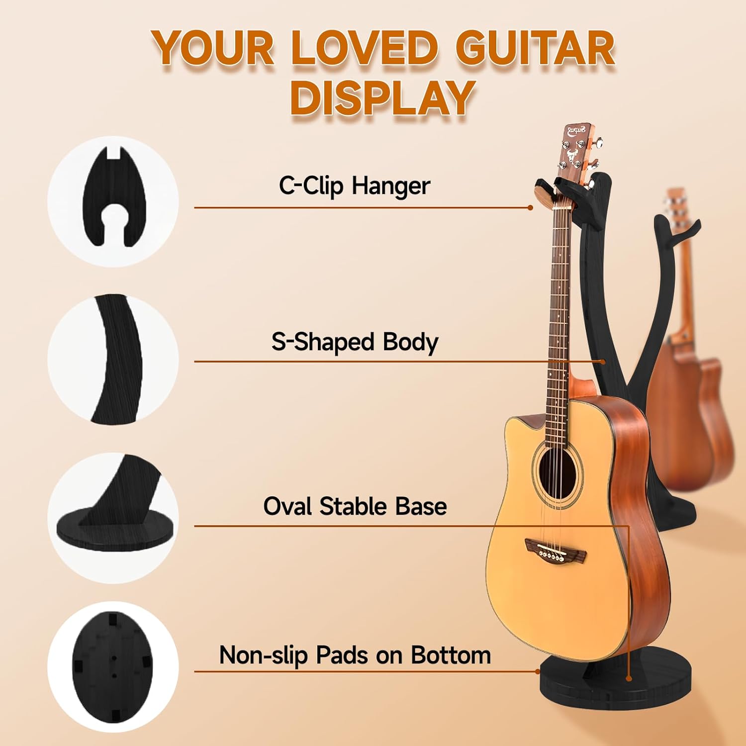 Wooden Guitar Stand Floor - Handmade Bamboo Guitar Music Stands for Acoustic Guitar Players, Wood Guitars Holder with Hanger for Electric Guitar, Banjo (Black)